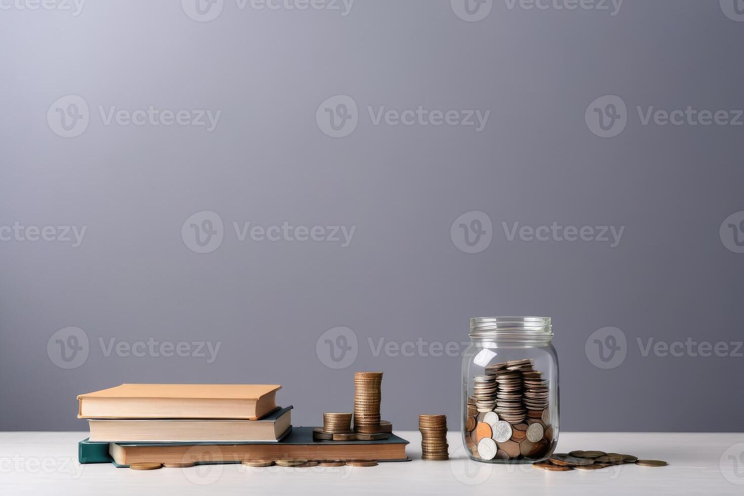 front view stack books with copy space jar coins photo
