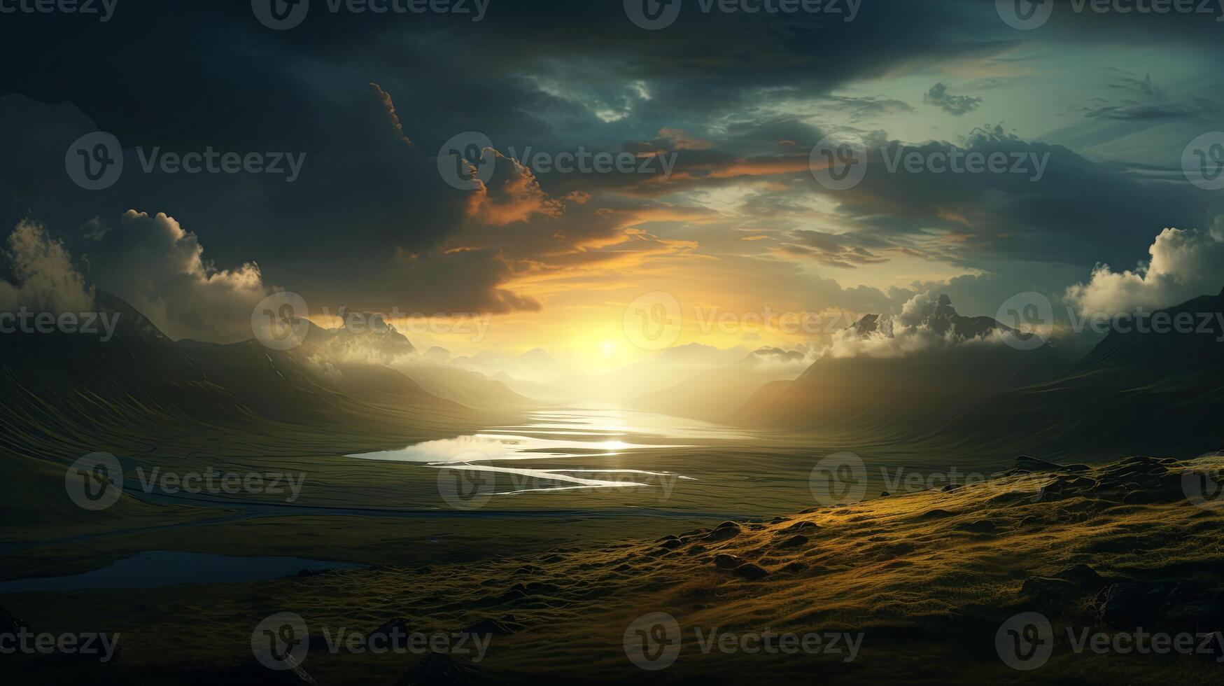 The sun is setting over a valley with grass and water photo