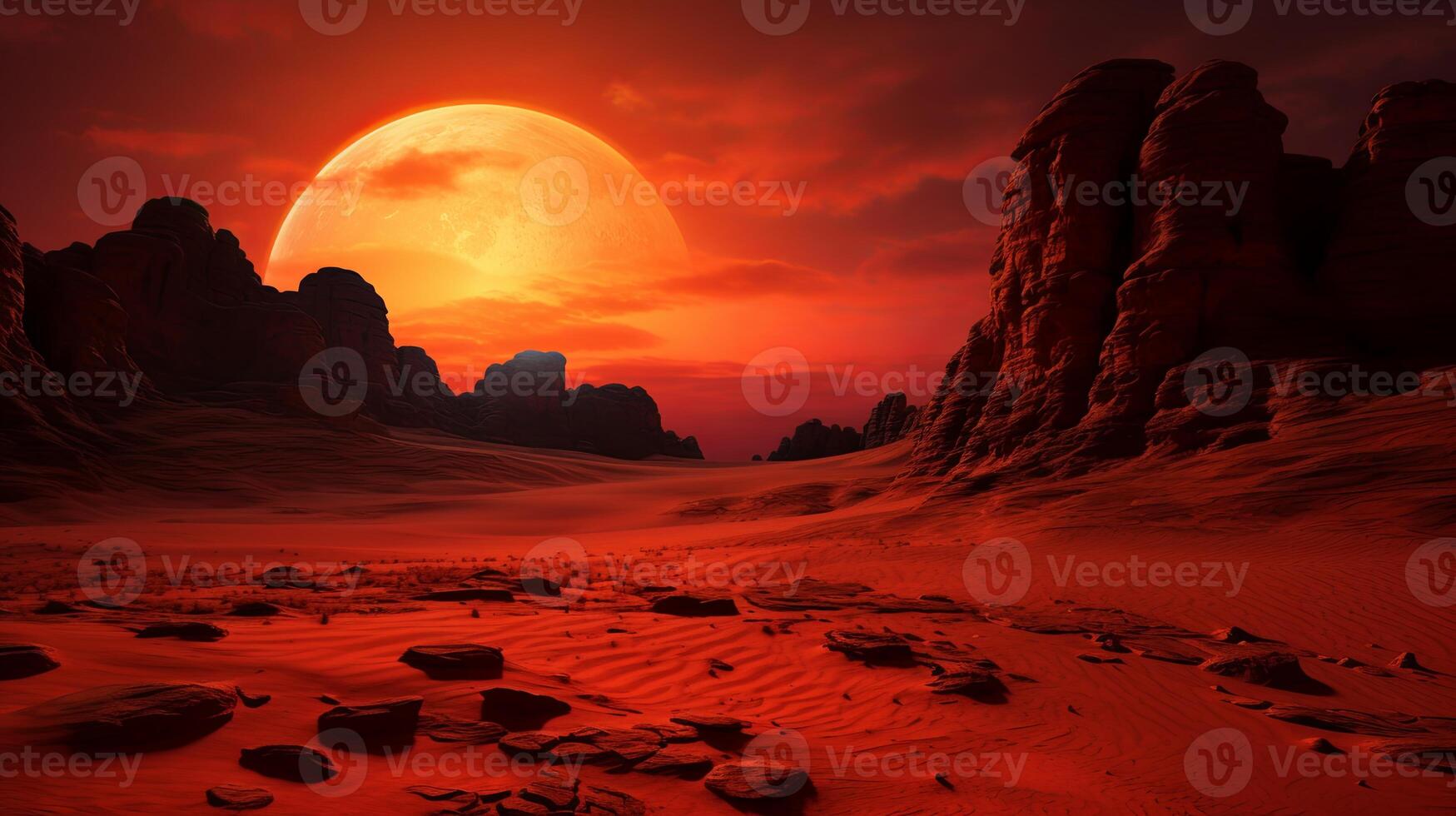 An alien landscape with rocks and sand photo