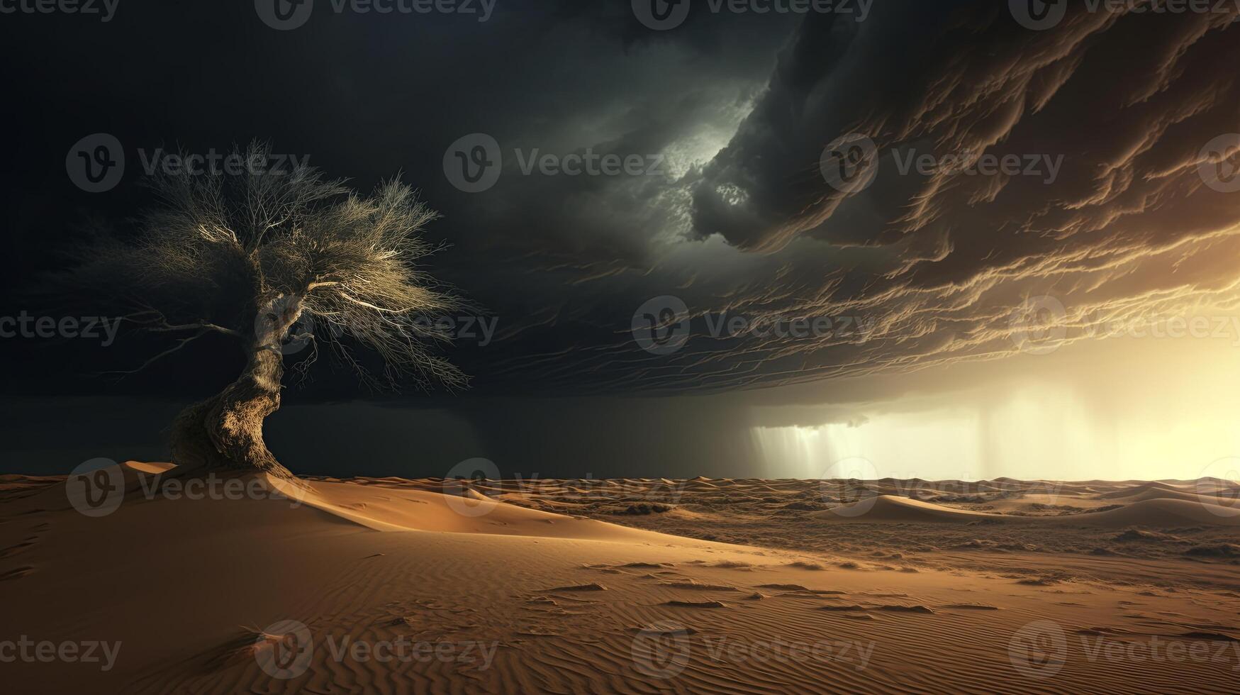 A lone tree stands in the desert under a stormy sky photo