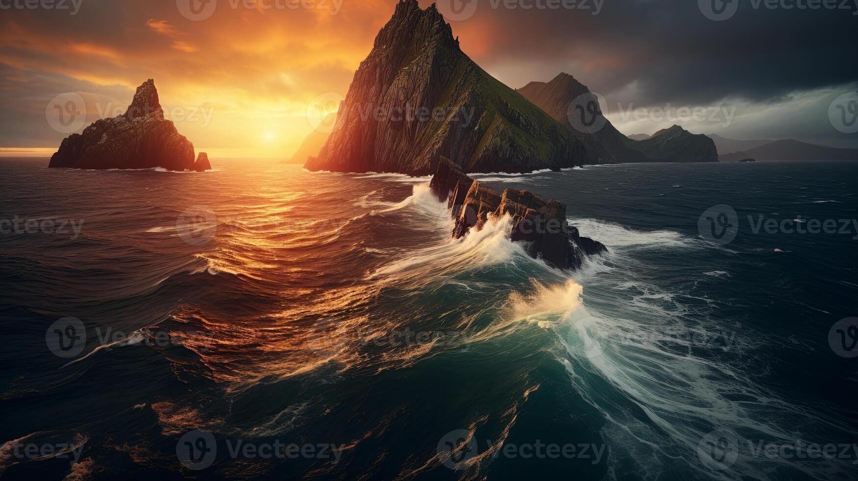 A beautiful sunset over the ocean with rocks and mountains photo
