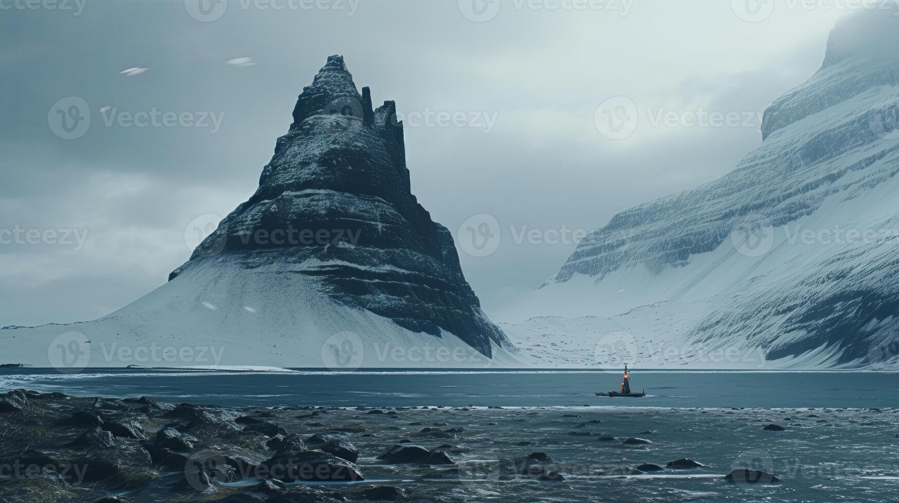 A boat is in the water near a mountain photo