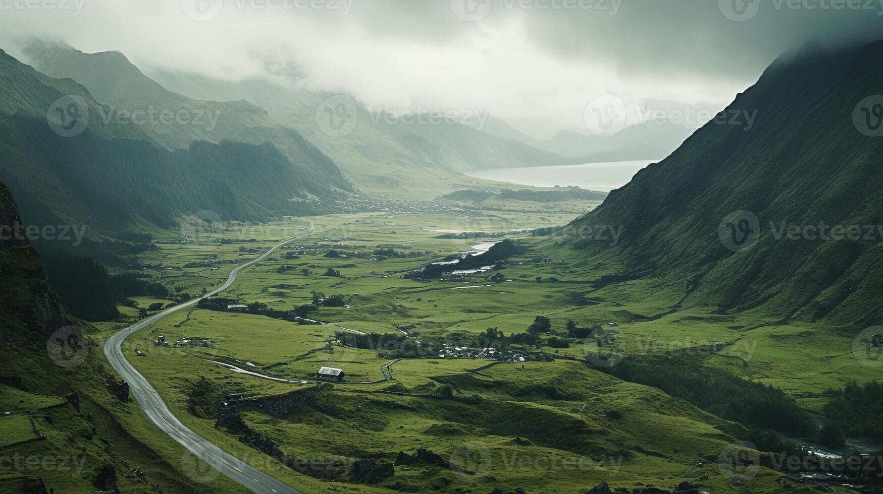A road winding through a valley with a mountain in the background photo