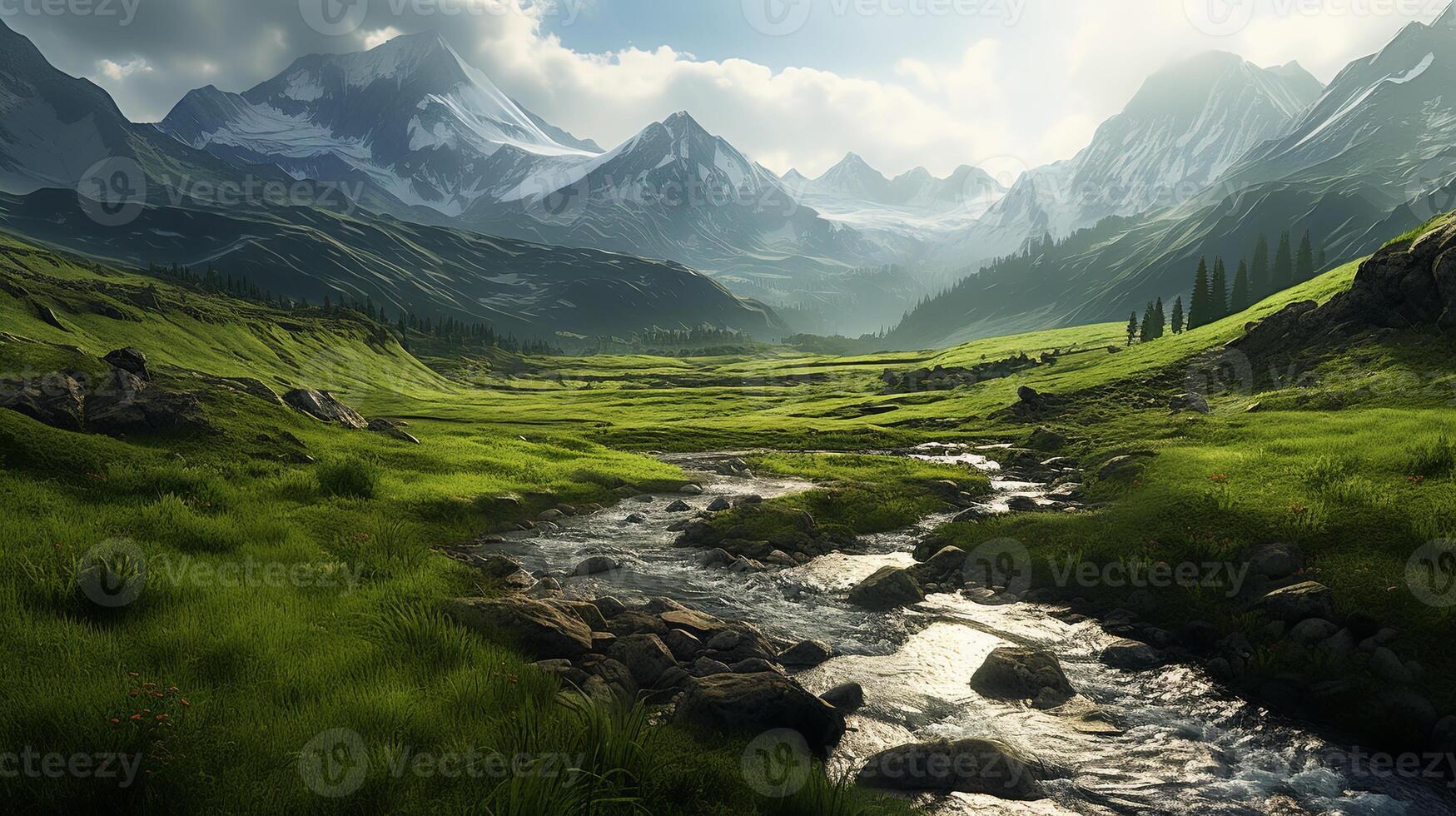 A river flows through a green valley in the mountains photo