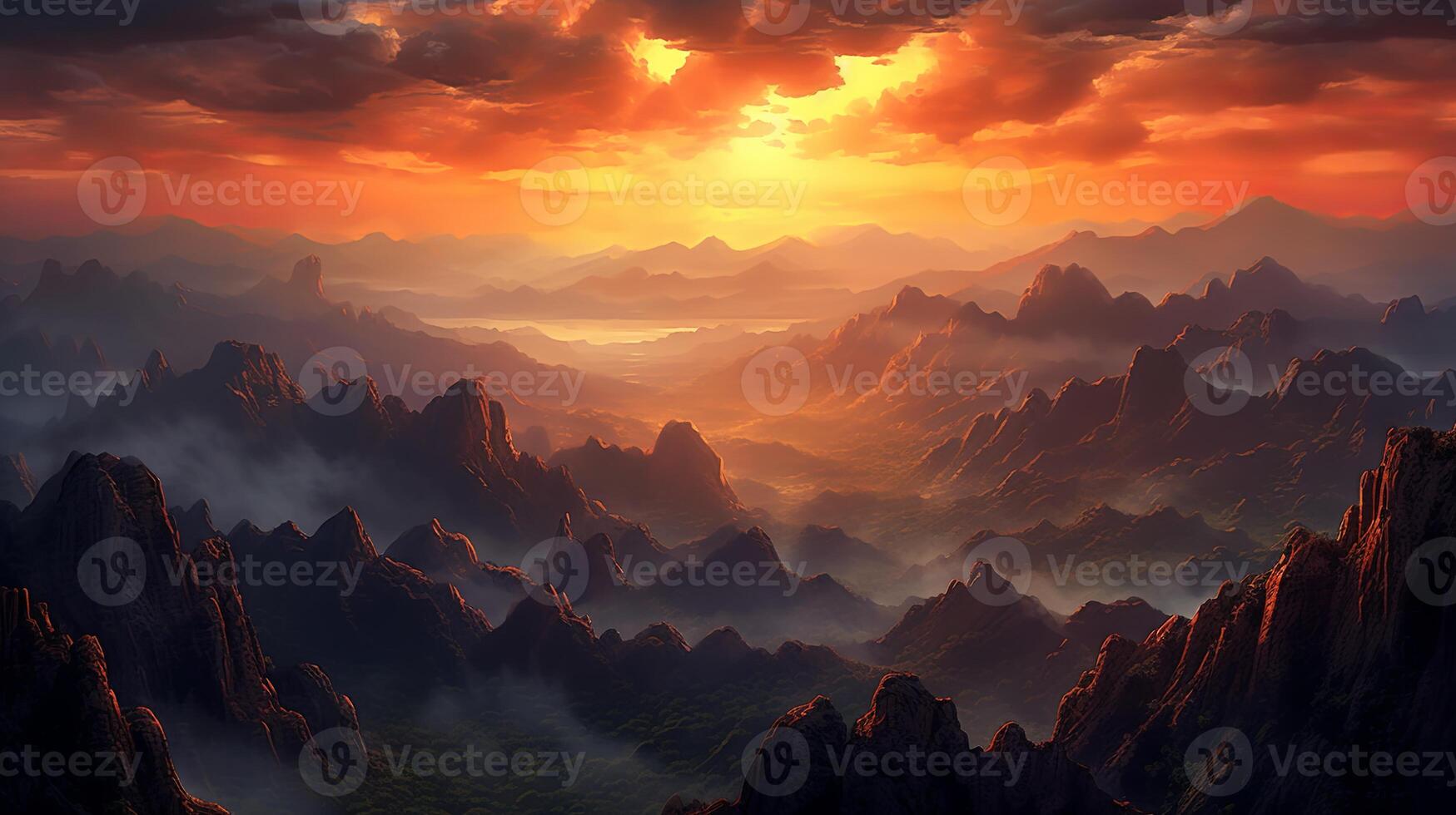 The sun sets over a mountain range with clouds photo
