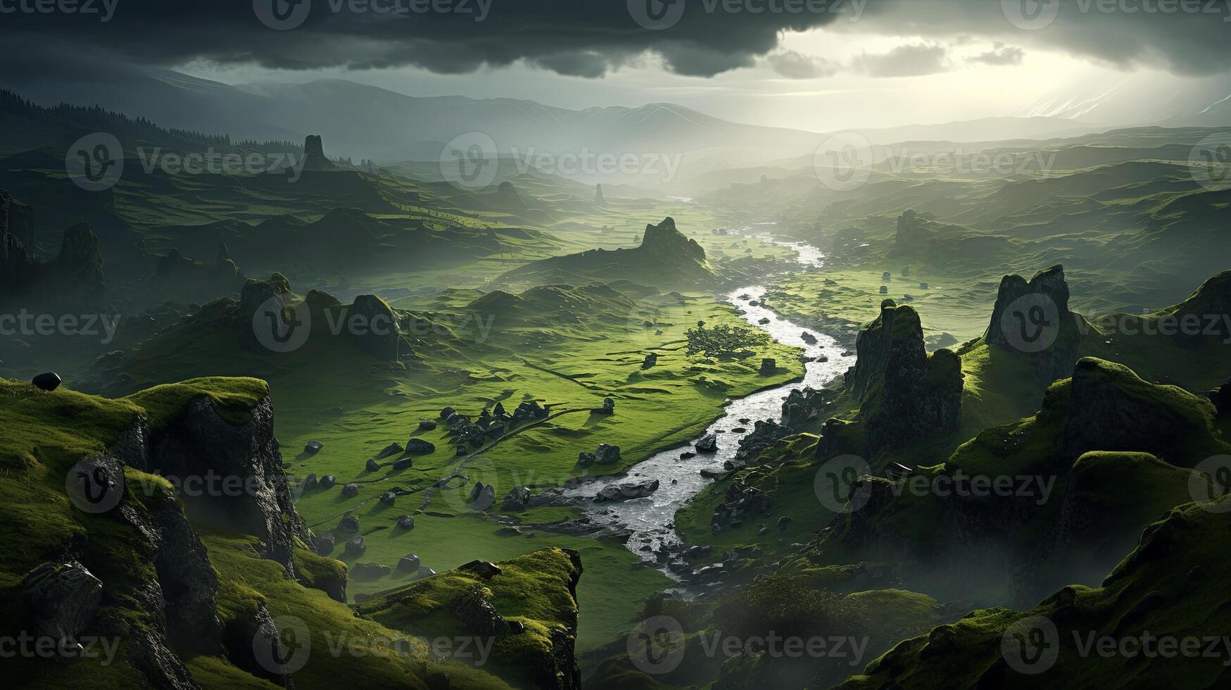 A green valley with a river running through it photo