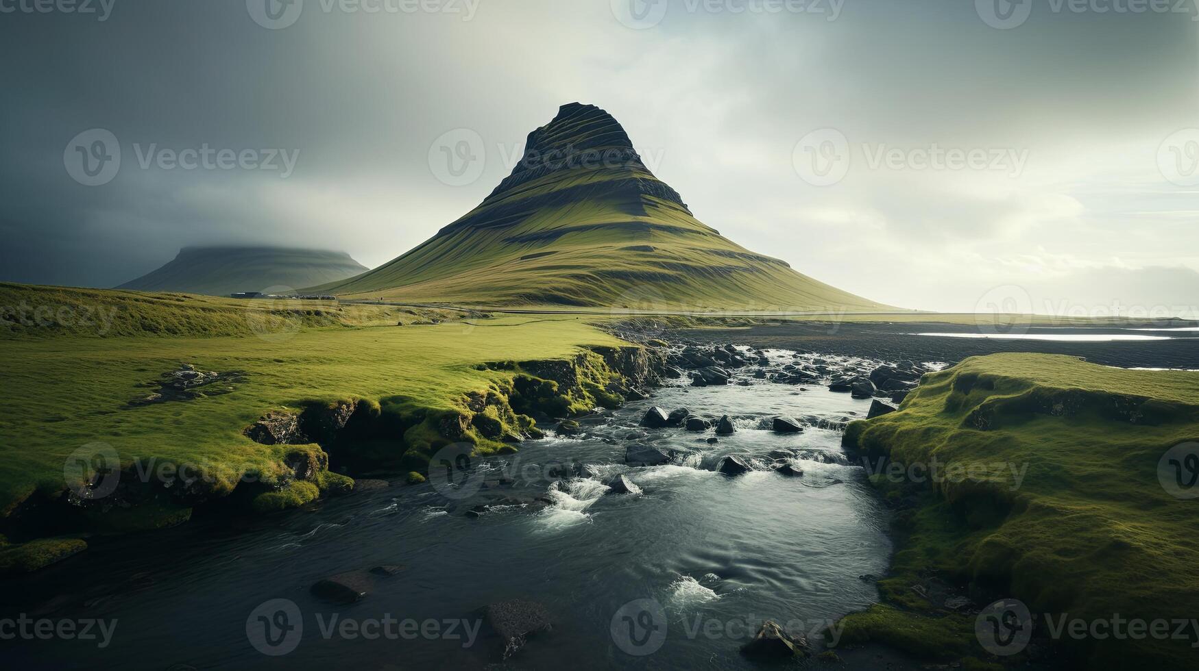 A mountain with a stream running through it photo