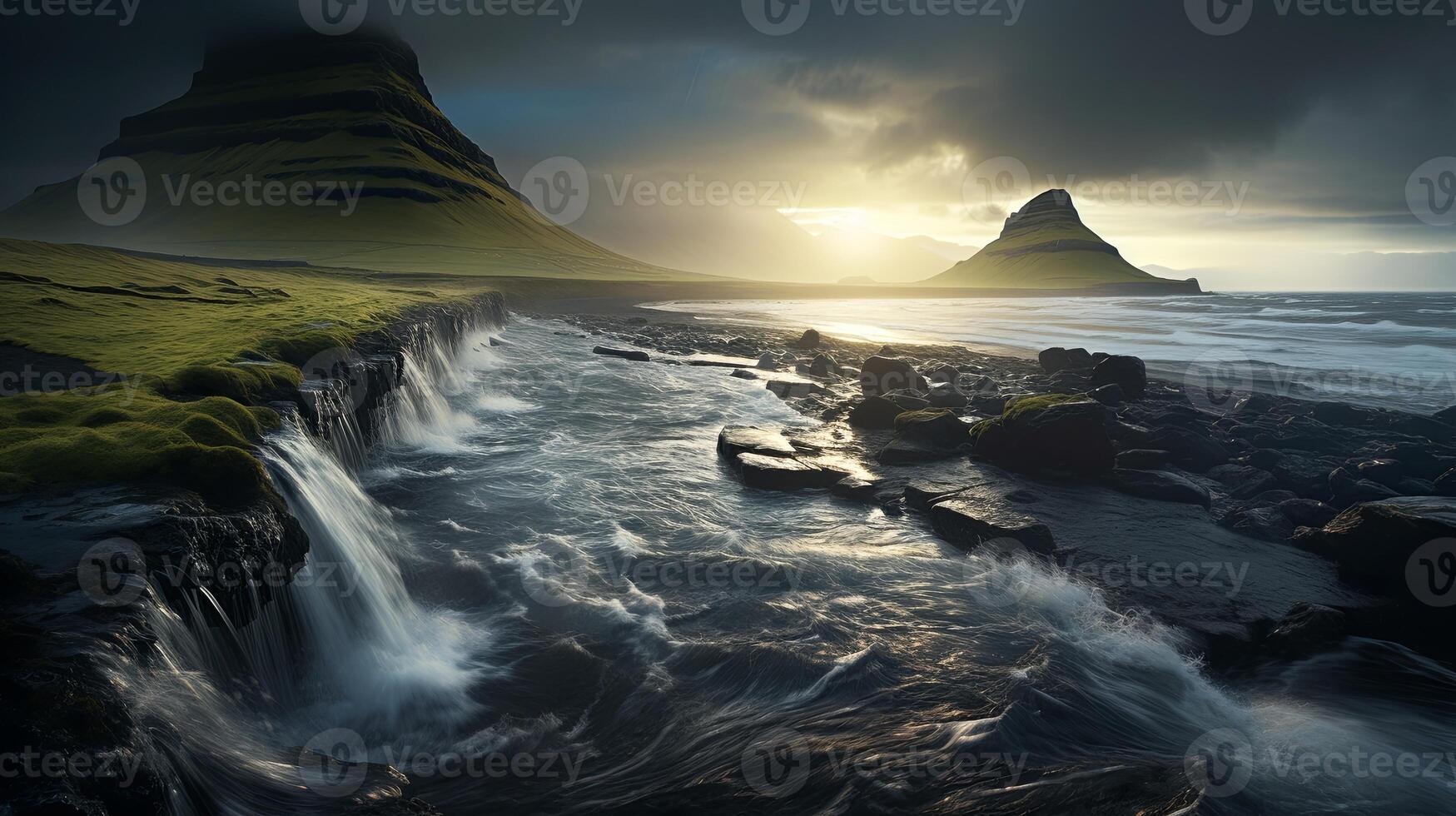 A waterfall flows over rocks and grass photo