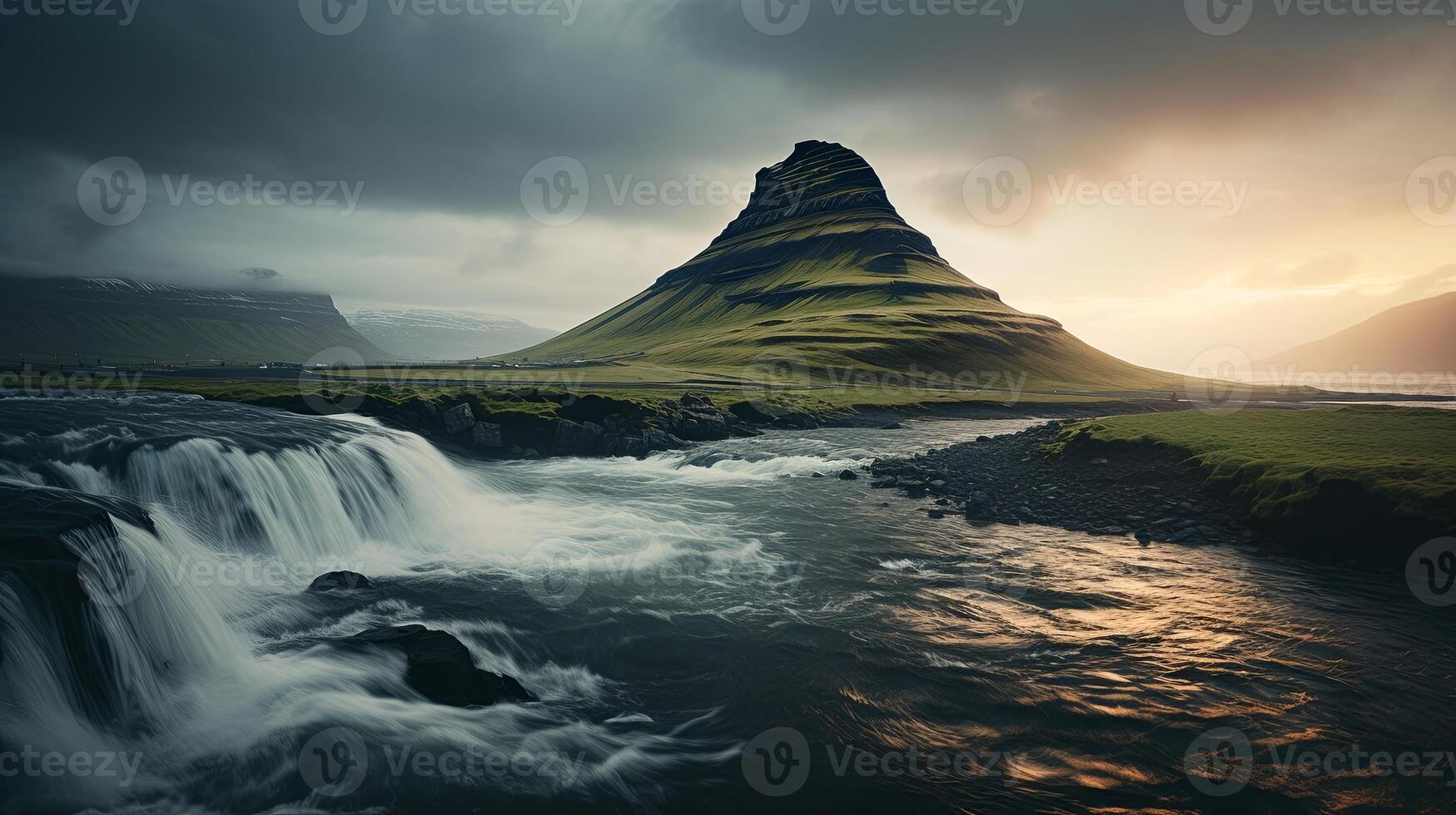 A waterfall flows over a mountain in iceland photo