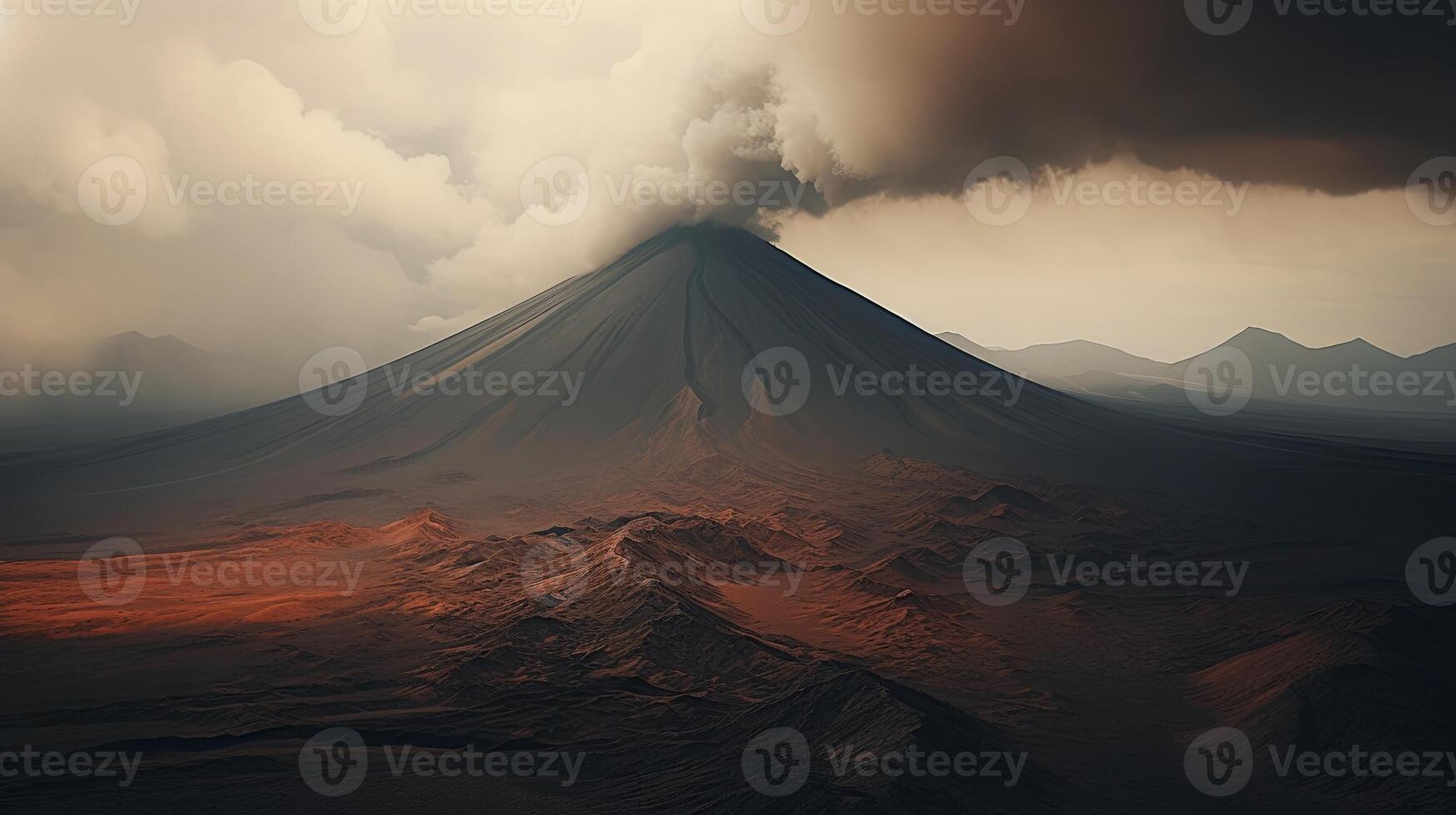 A volcano is seen in the distance with smoke coming out of it photo