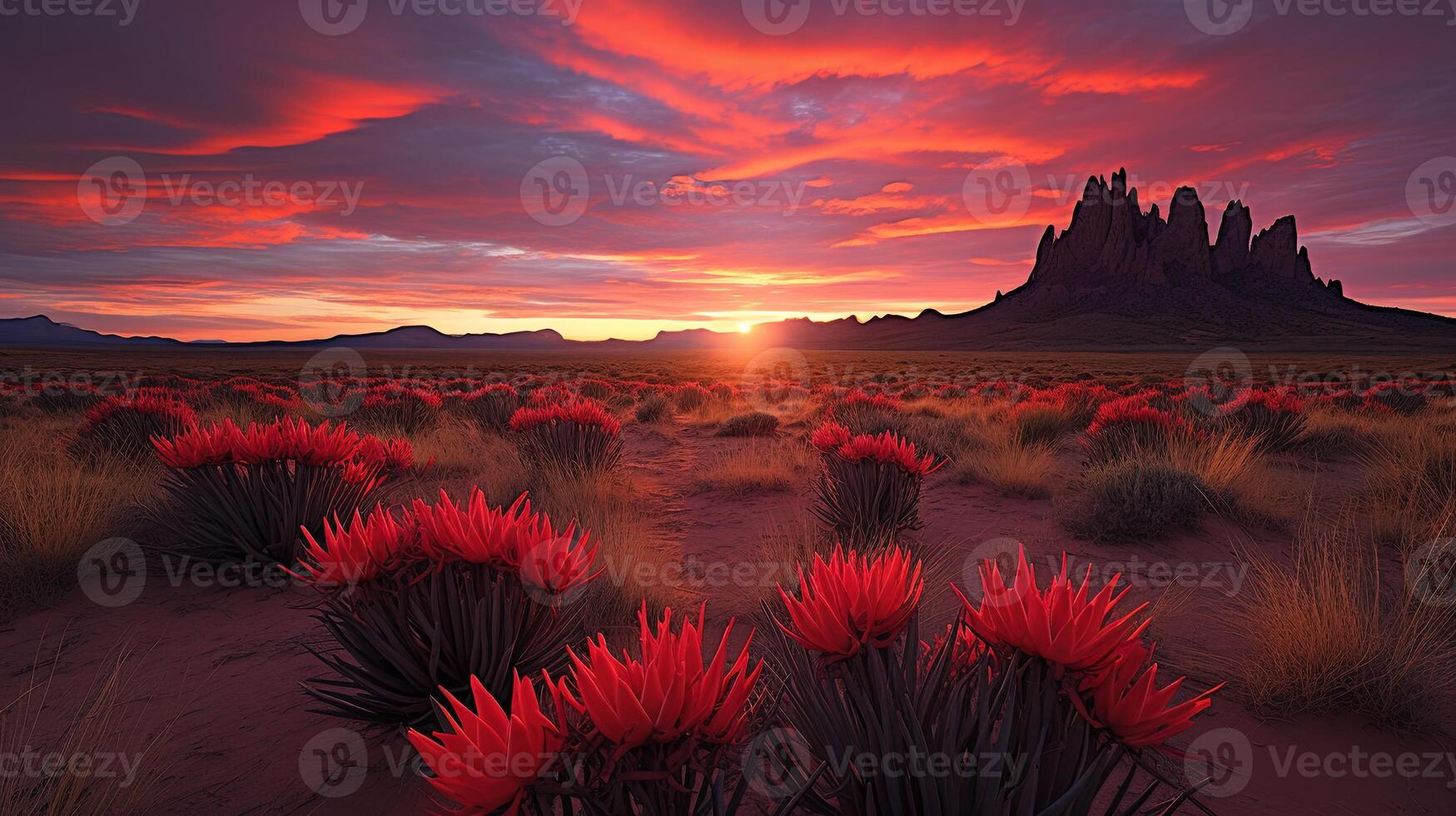 Red flowers in the desert at sunset photo