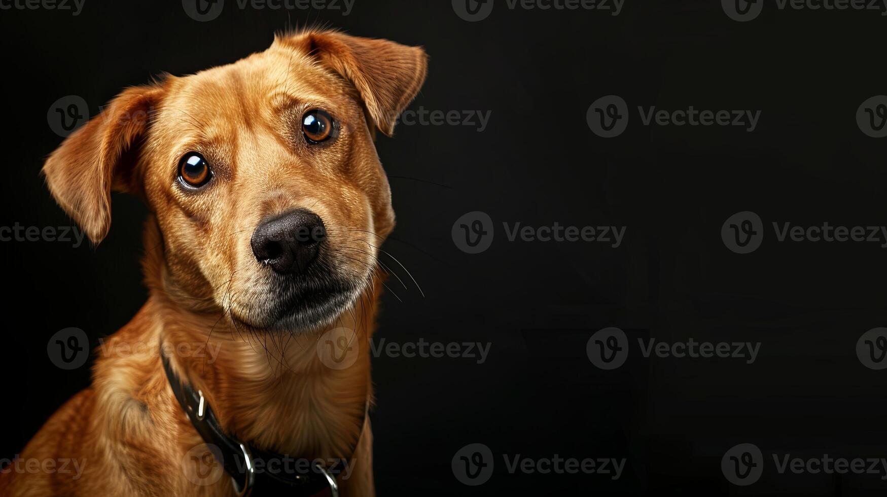 A brown dog with a collar on a black background photo
