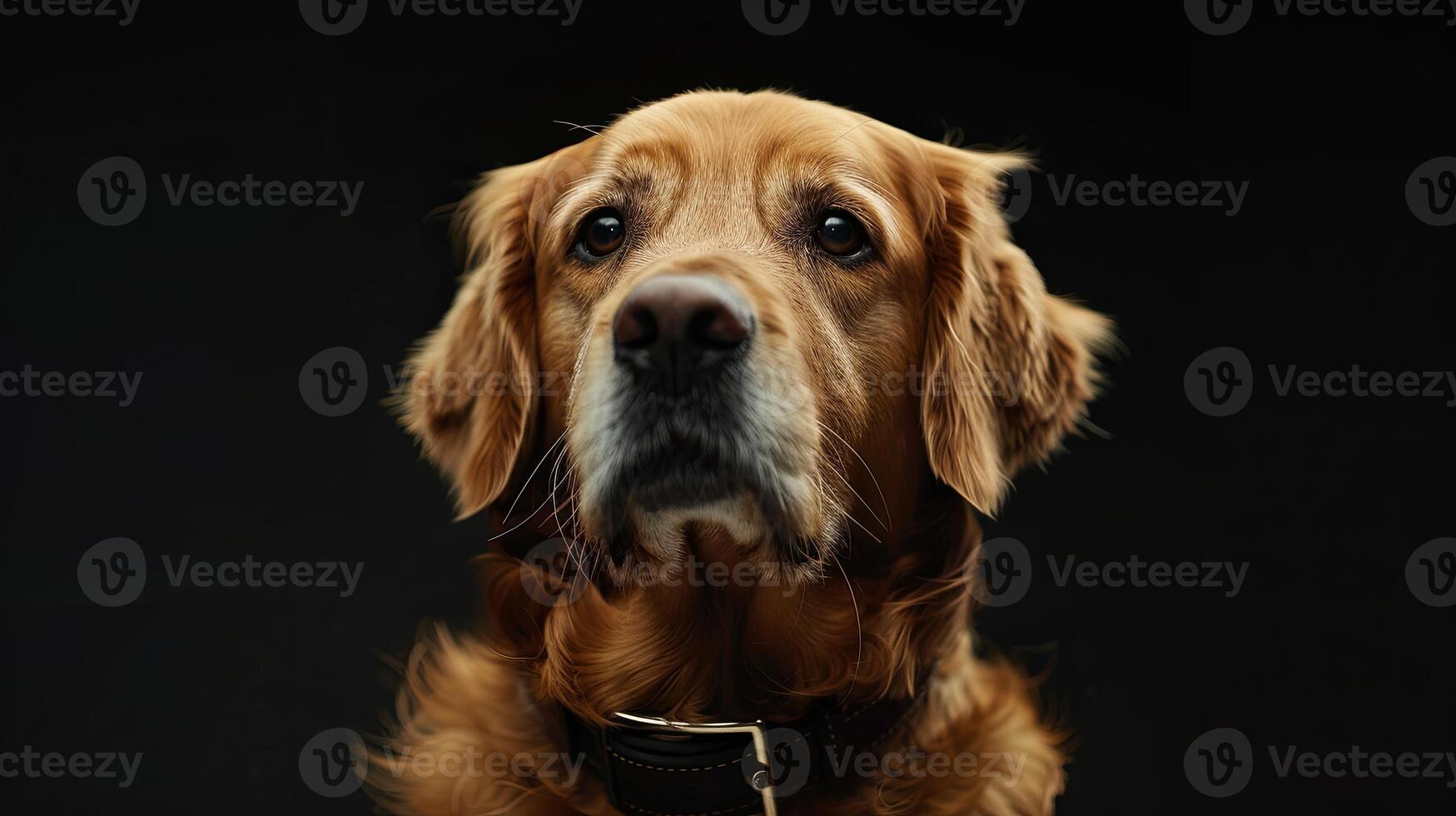 A golden retriever is looking up at the camera photo