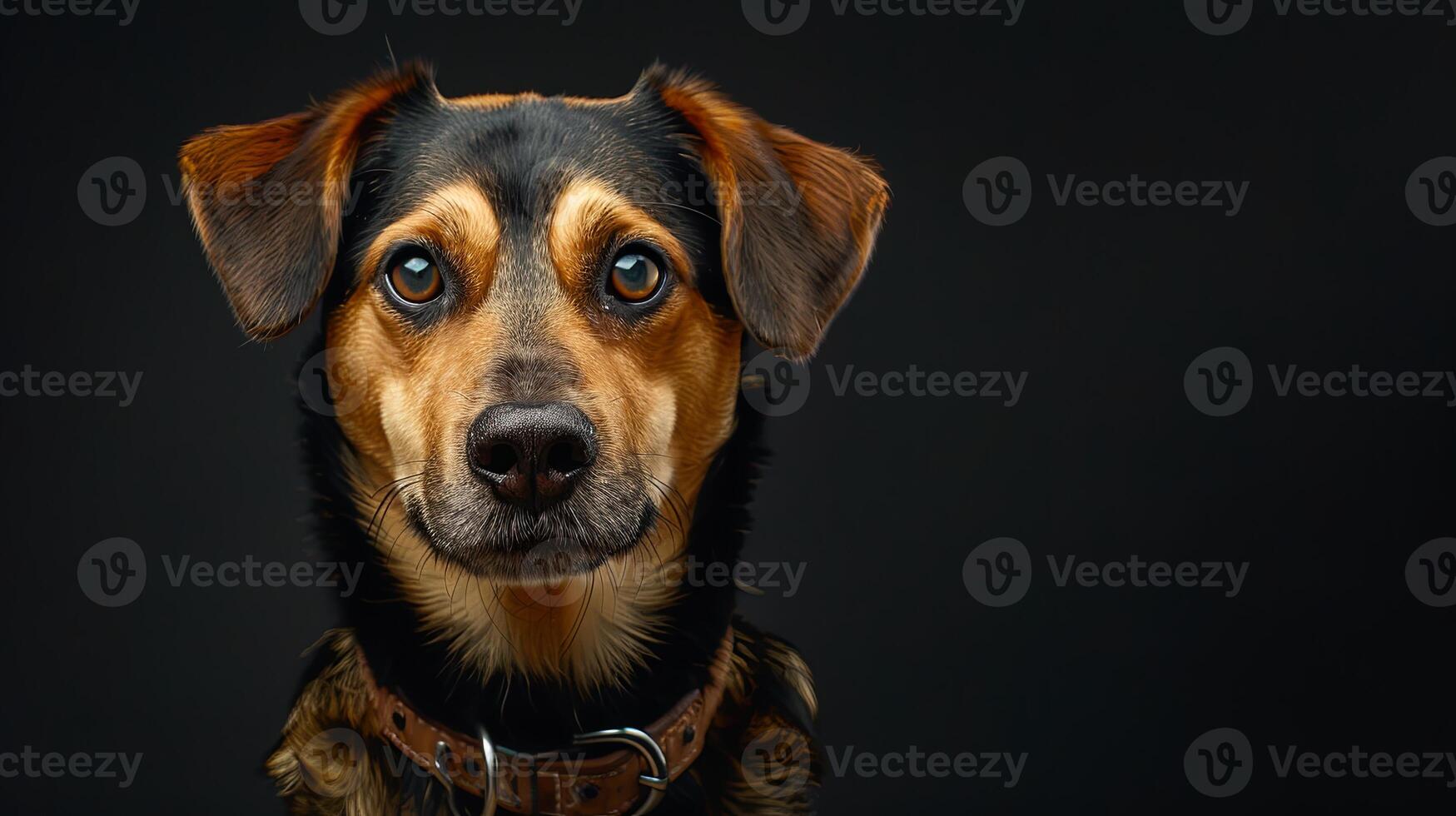A dog with a collar on a black background photo