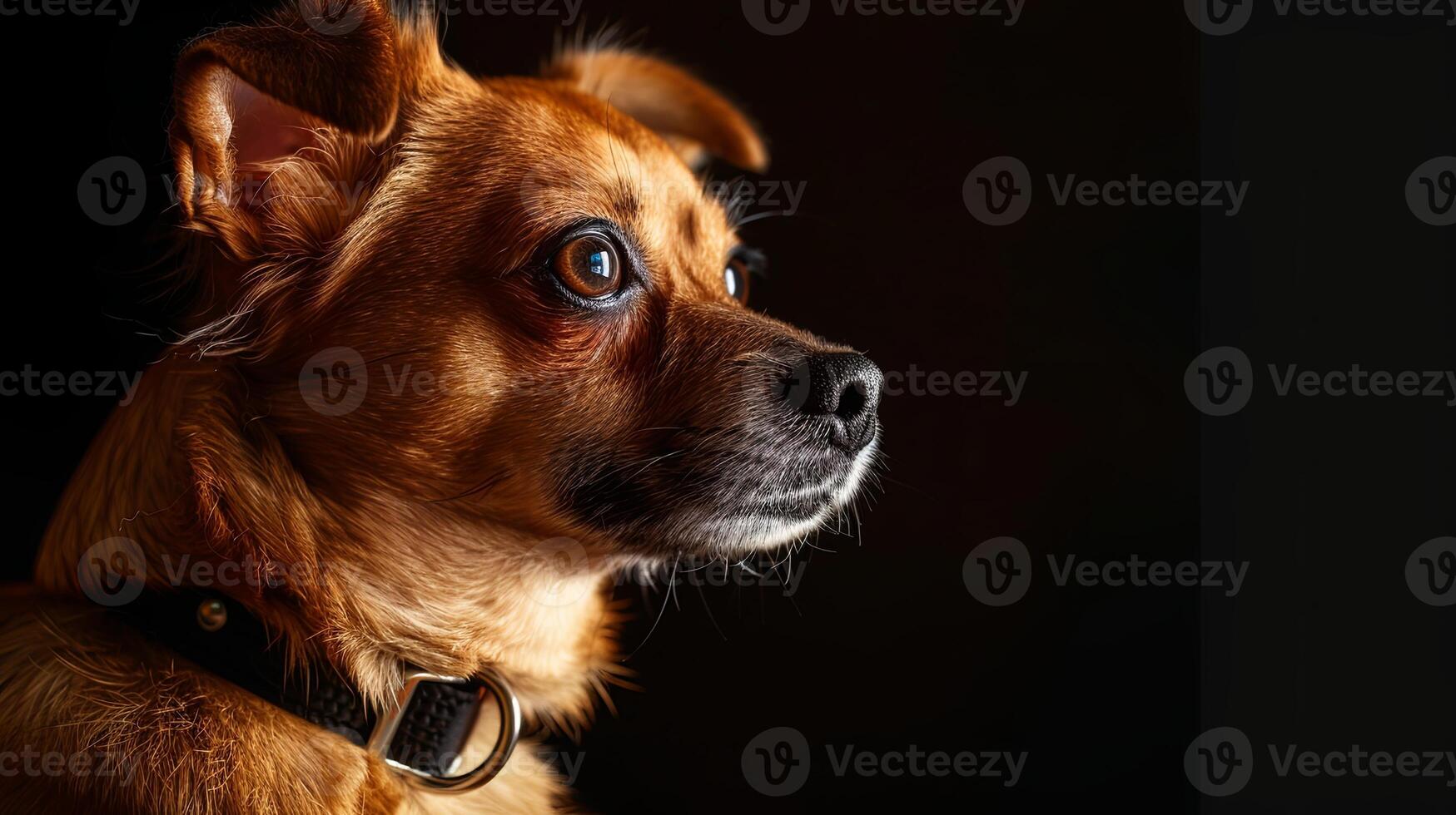 A dog with a collar looking up at the camera photo