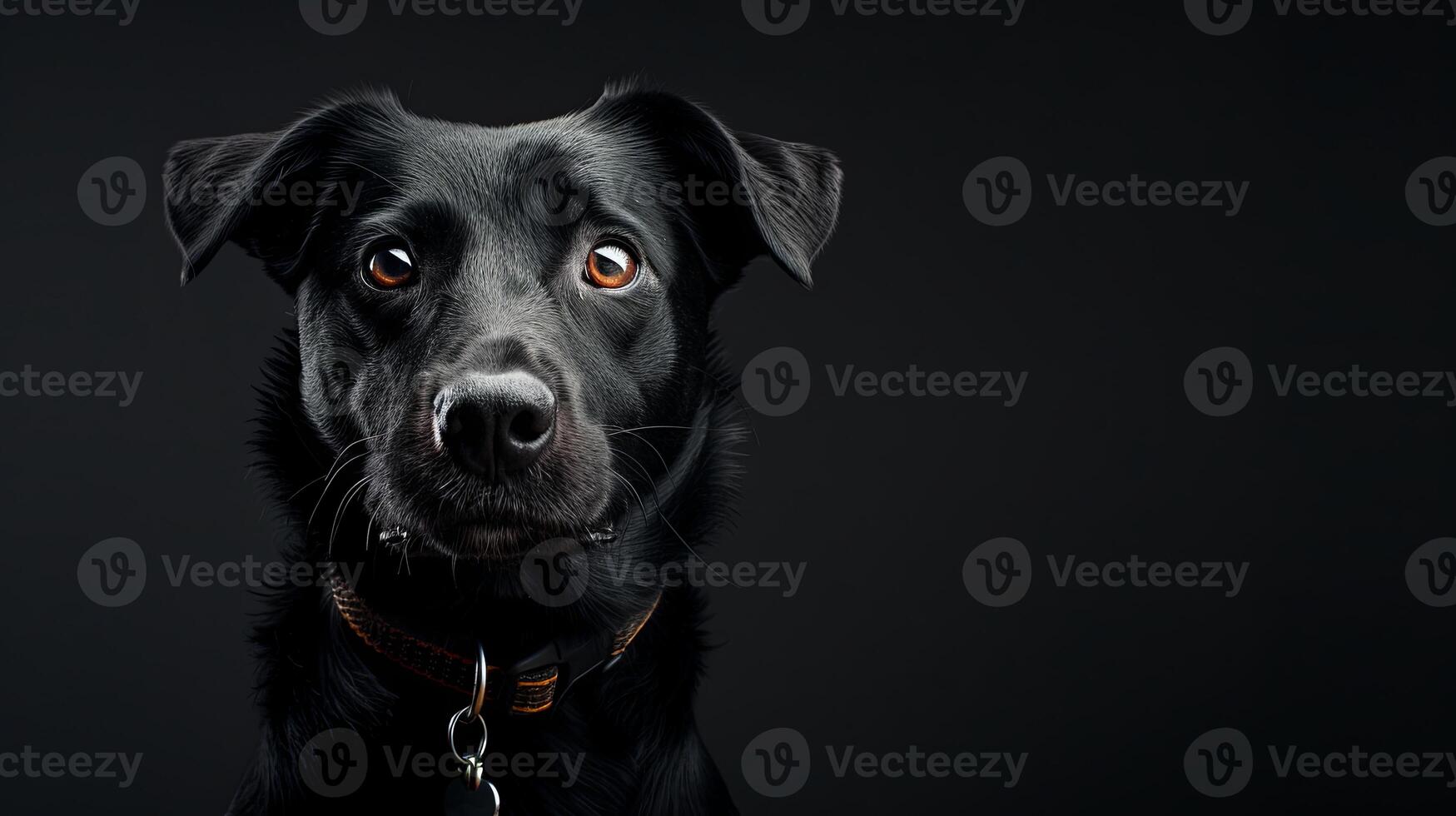 A black dog with a collar on a dark background photo