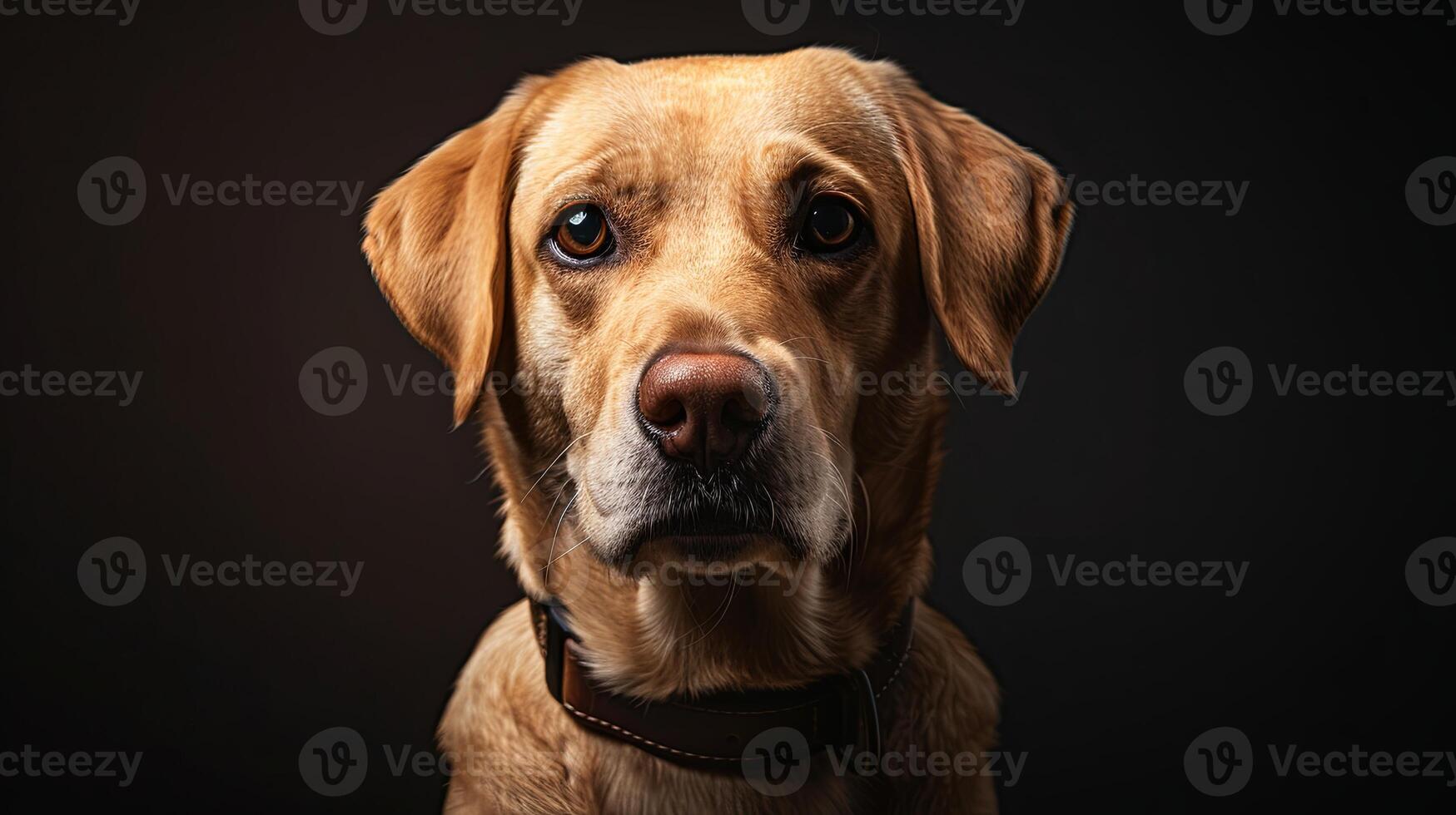 A dog with a collar on a dark background photo