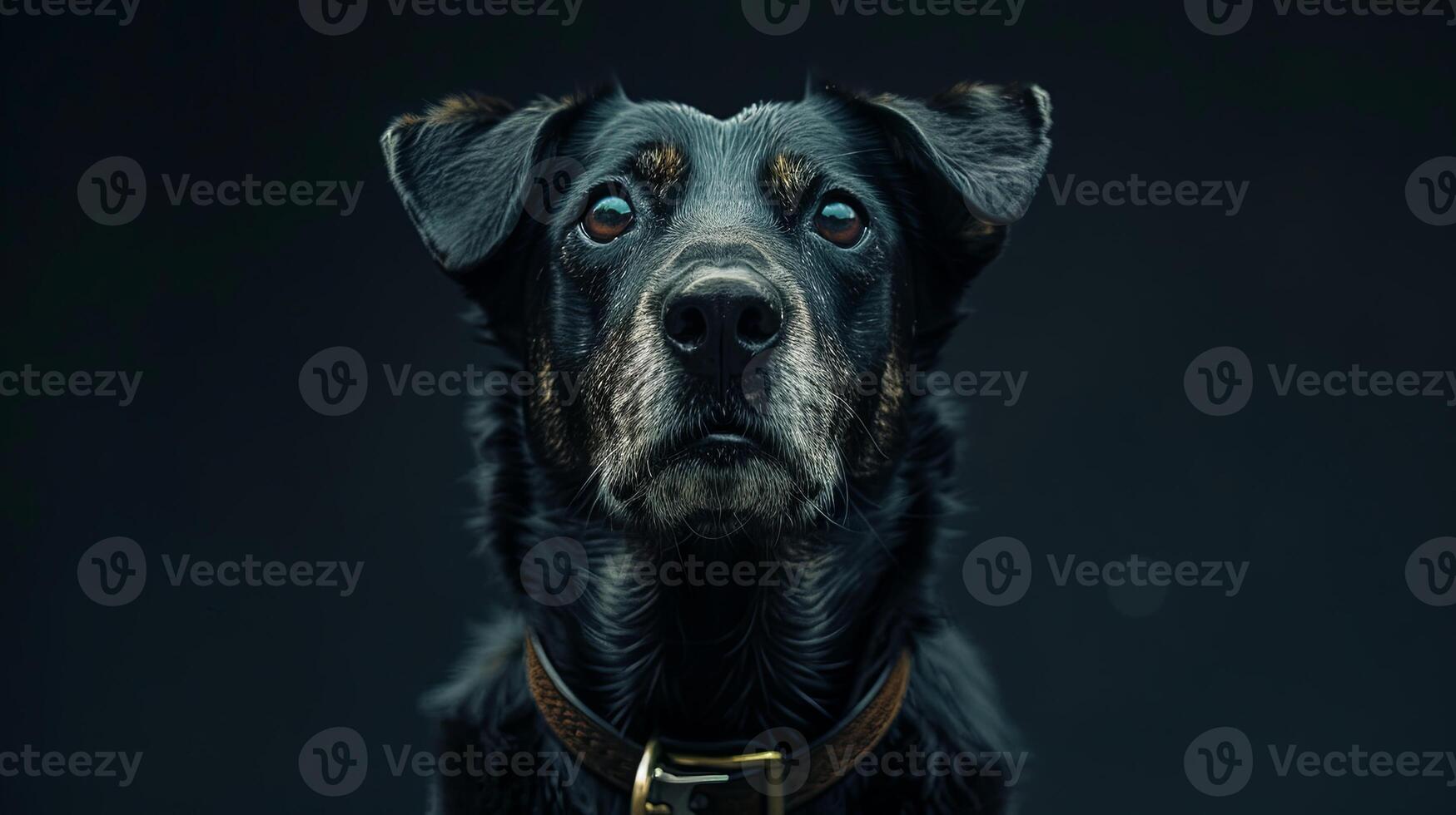 A black dog with blue eyes looking up photo