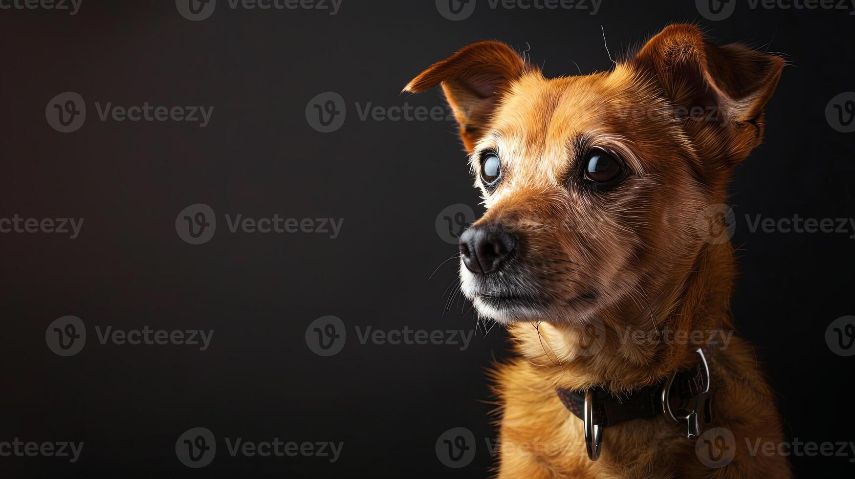 A dog with a collar looking up at the camera photo