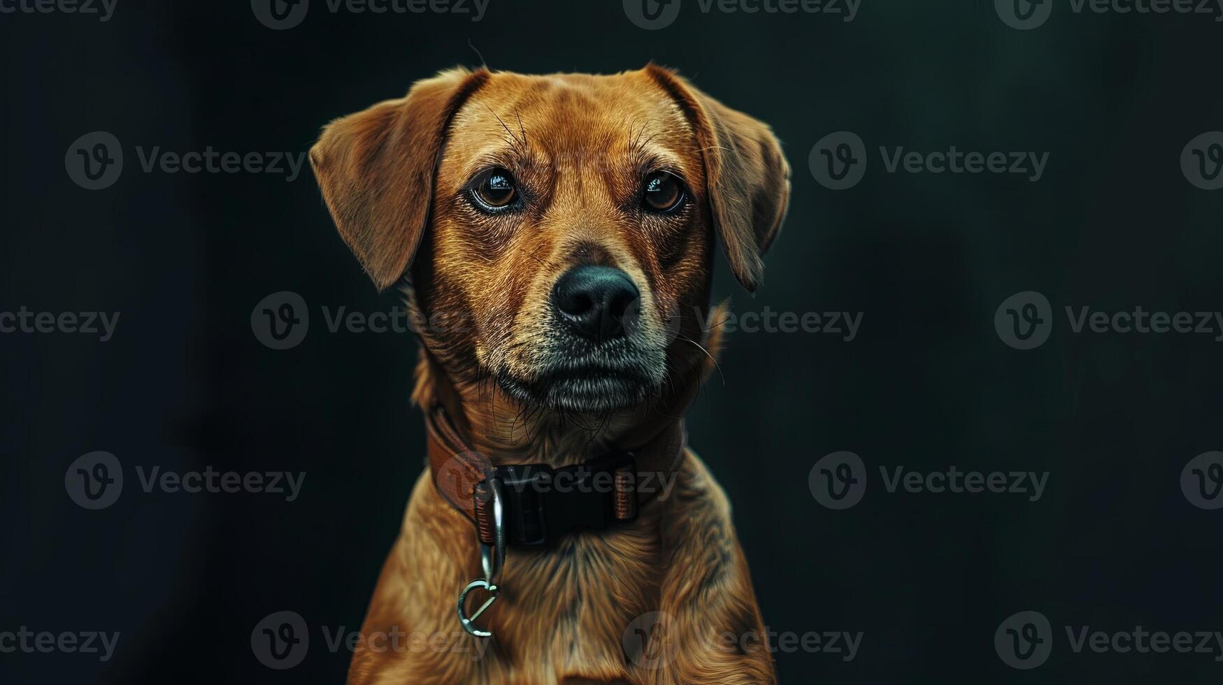 A brown dog with a collar on a dark background photo