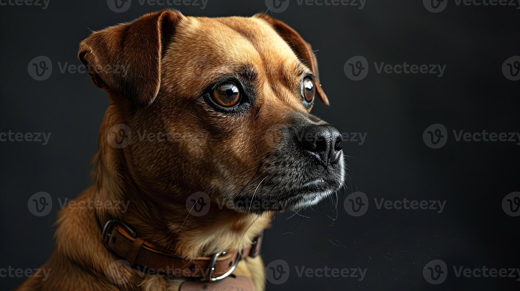 A brown dog with a collar on a black background photo