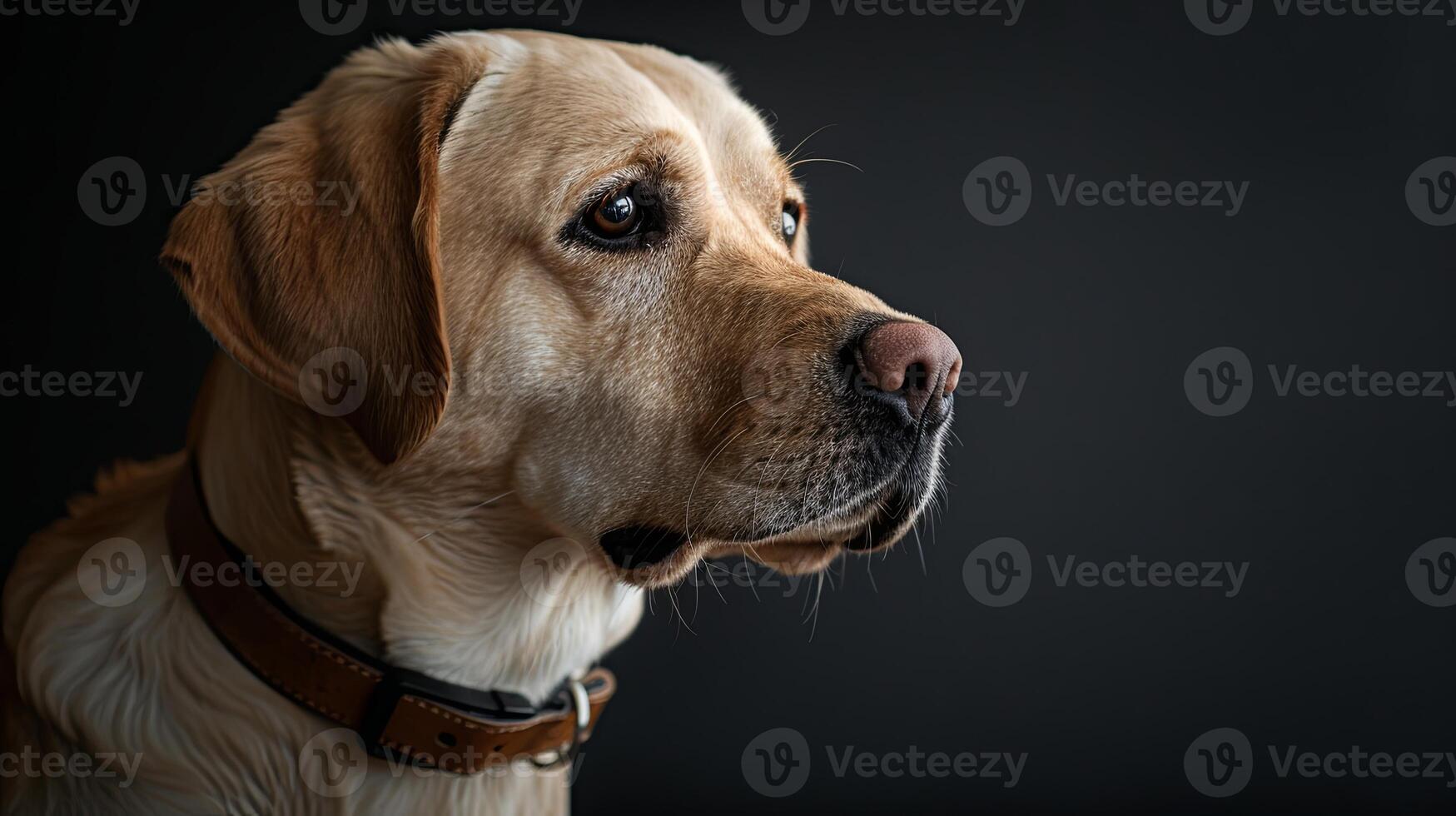 A dog with a collar on a black background photo