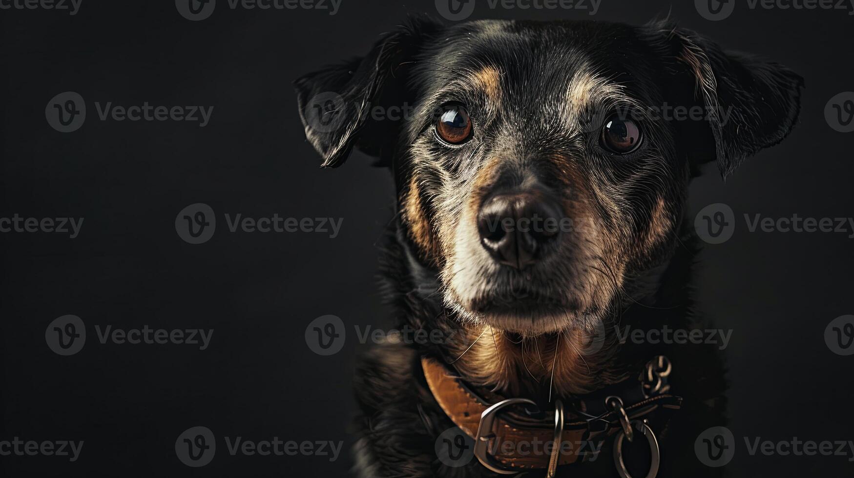 A dog with a collar on a black background photo