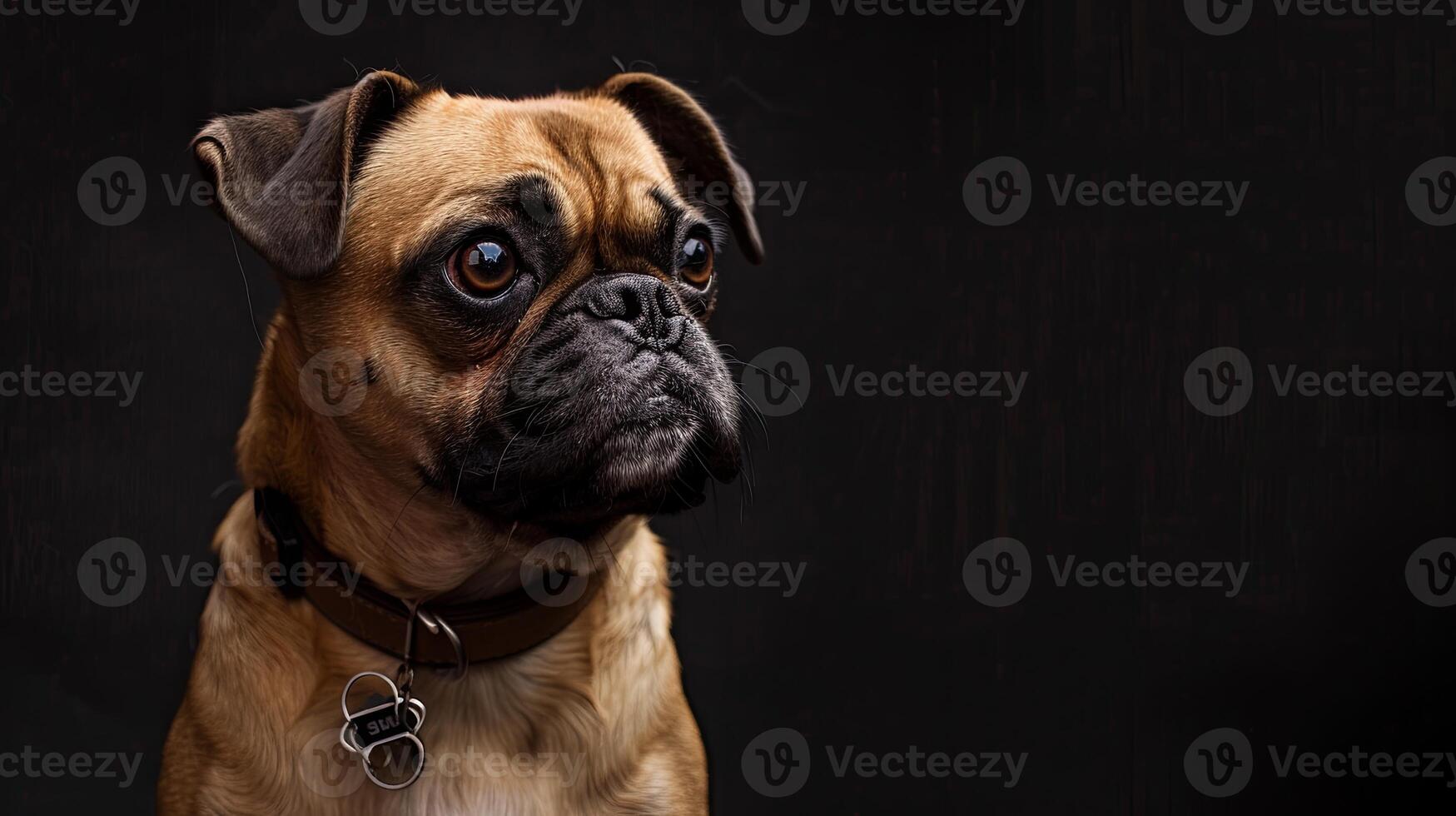 A pug dog is looking up at the camera photo