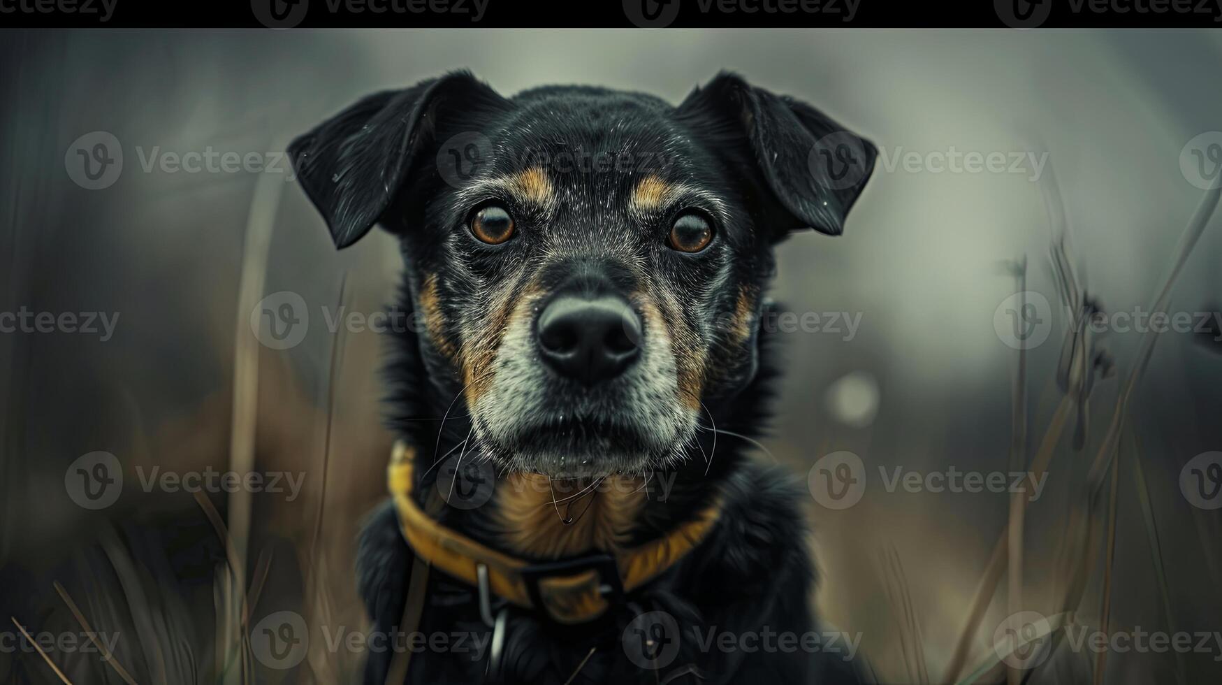 A black and brown dog with a yellow collar photo