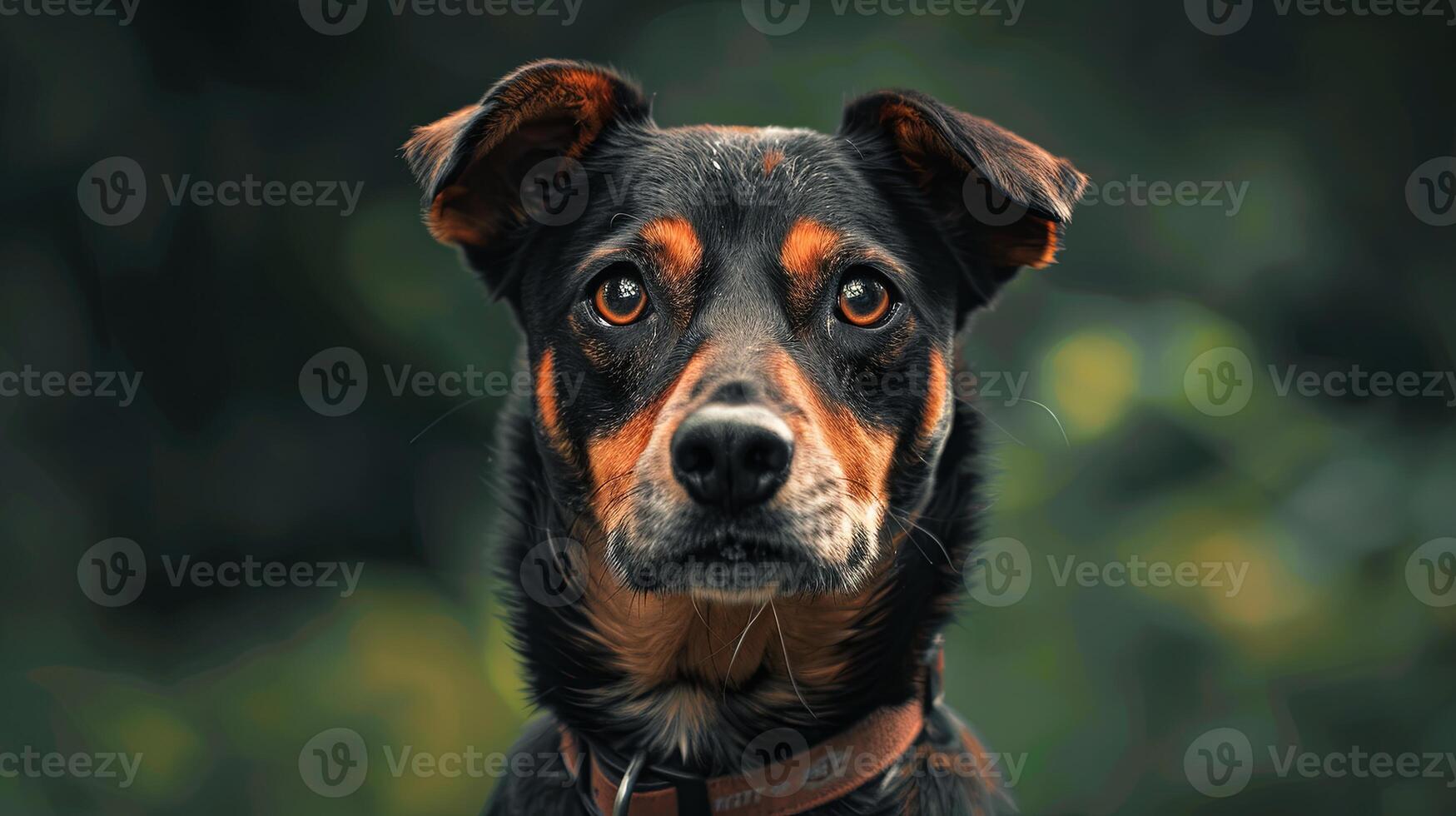 A close up of a dog with a brown and black coat photo