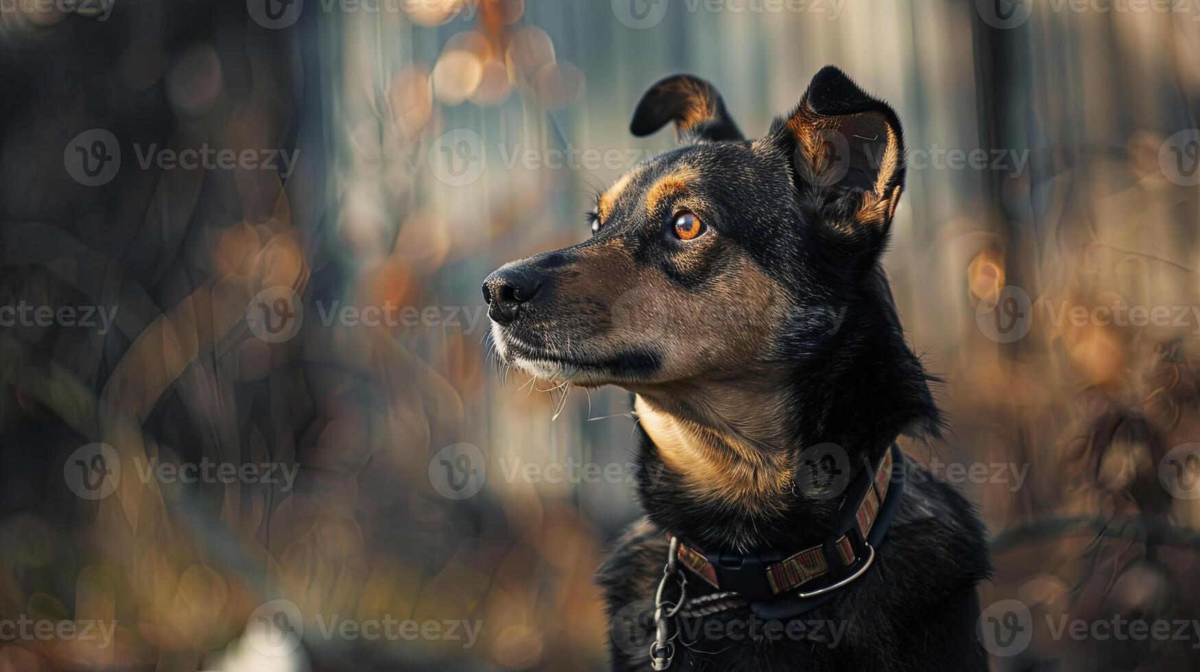 A dog with a collar looking up at the sky photo