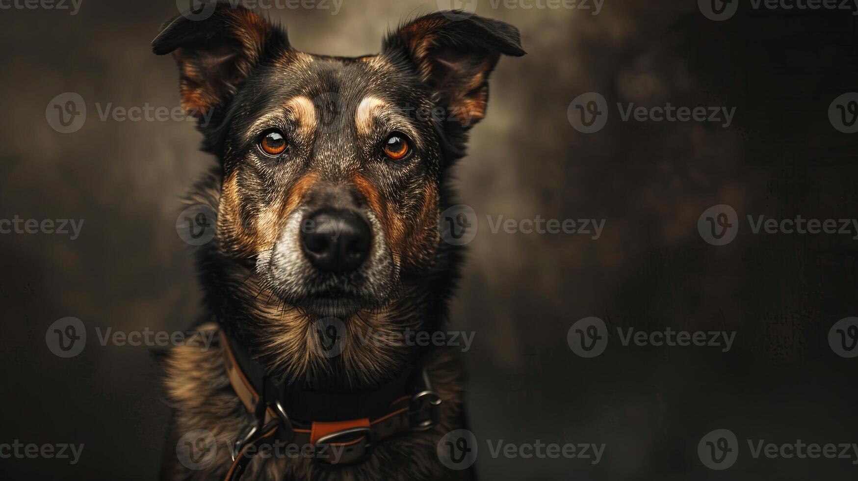 A dog with a collar and a dark background photo