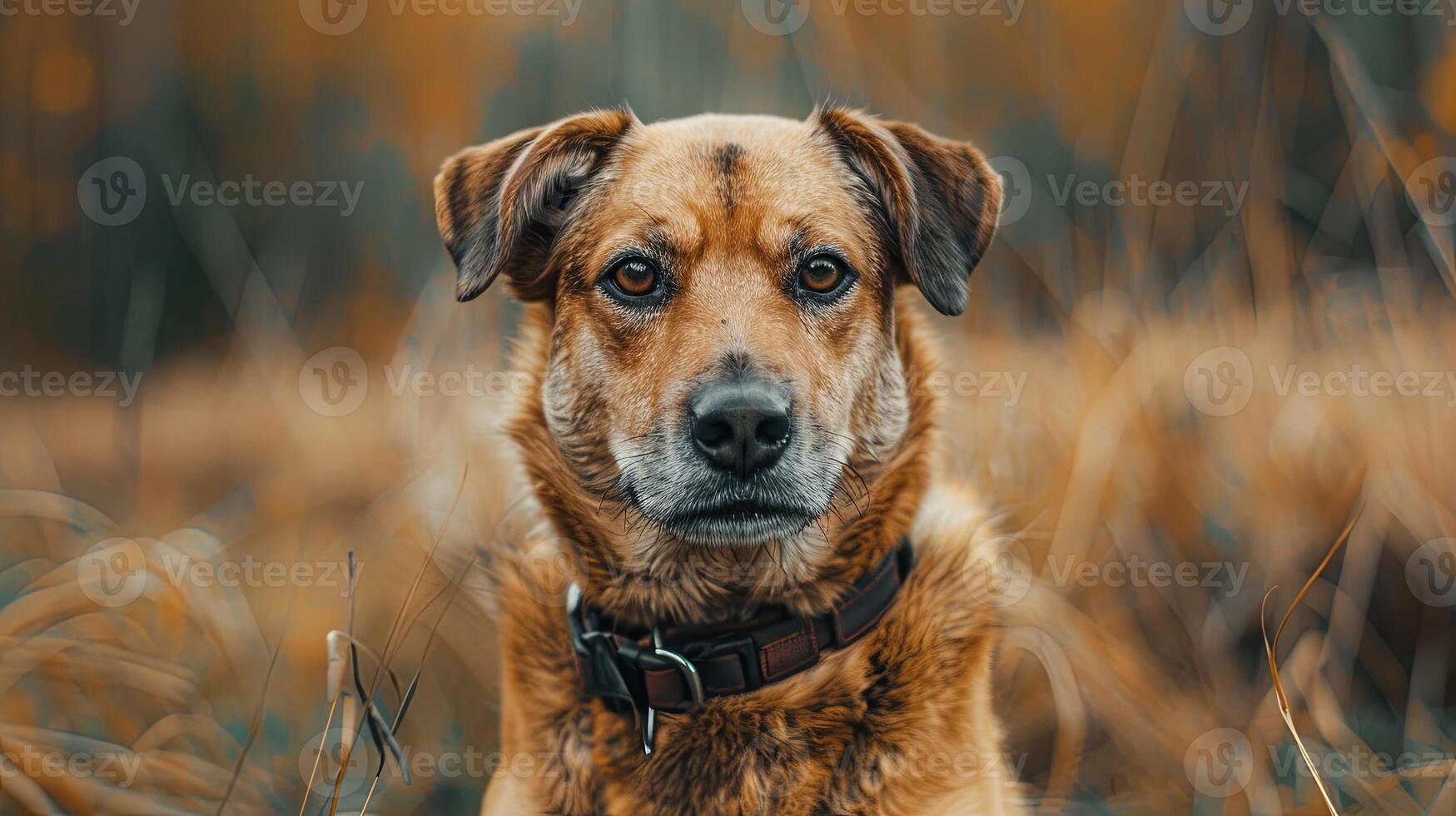 A brown dog sitting in a field with tall grass photo