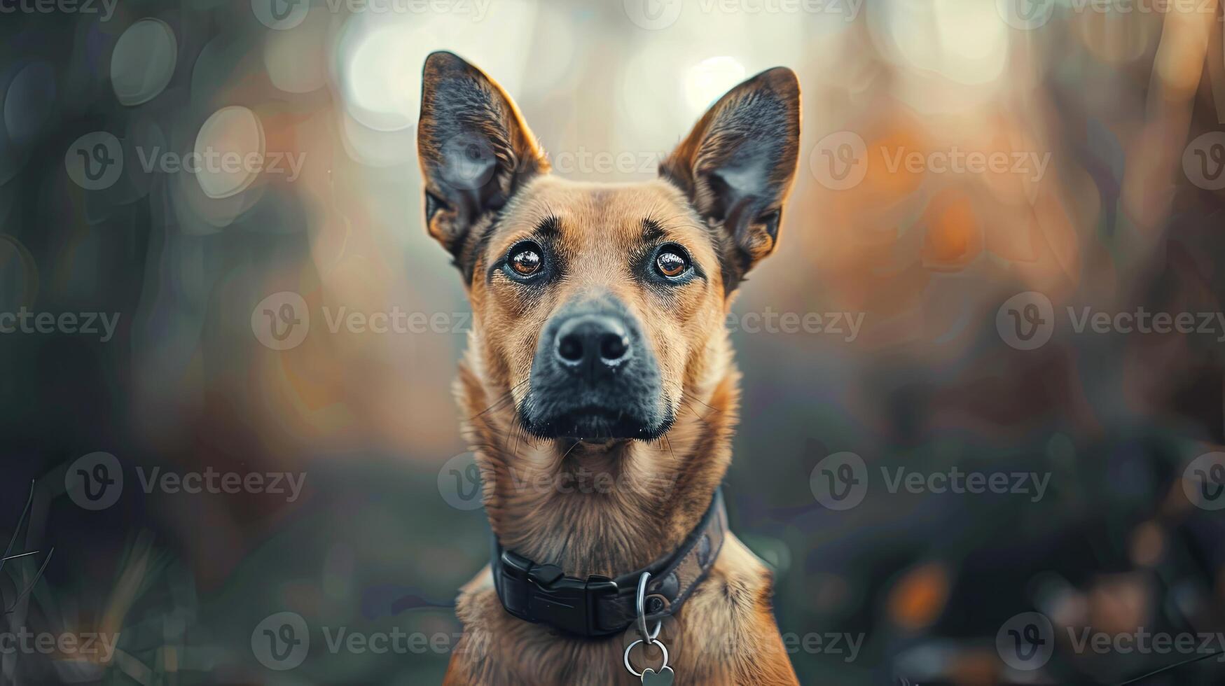 A dog with a collar looking up at the camera photo