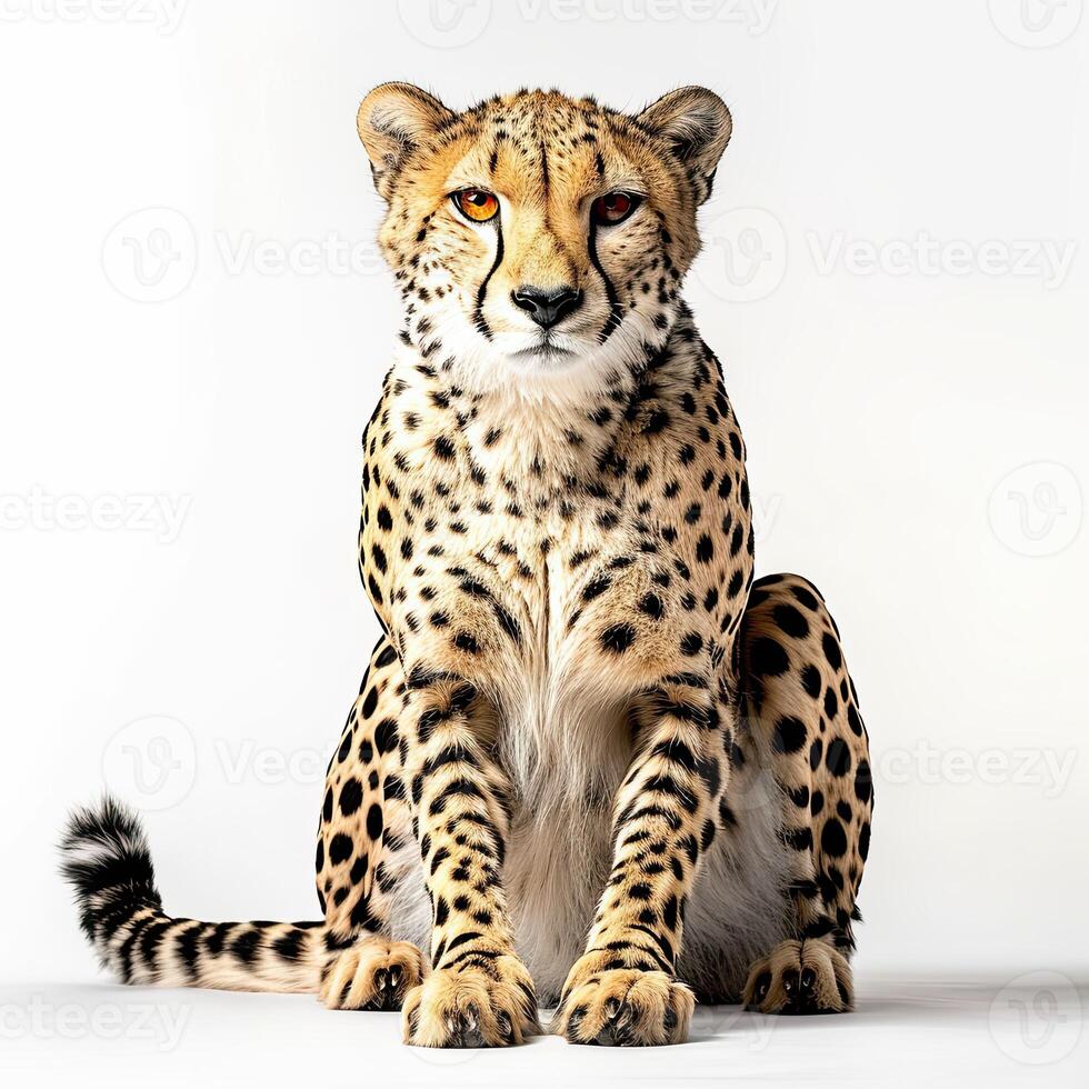 Cheetah sitting in front of white background photo