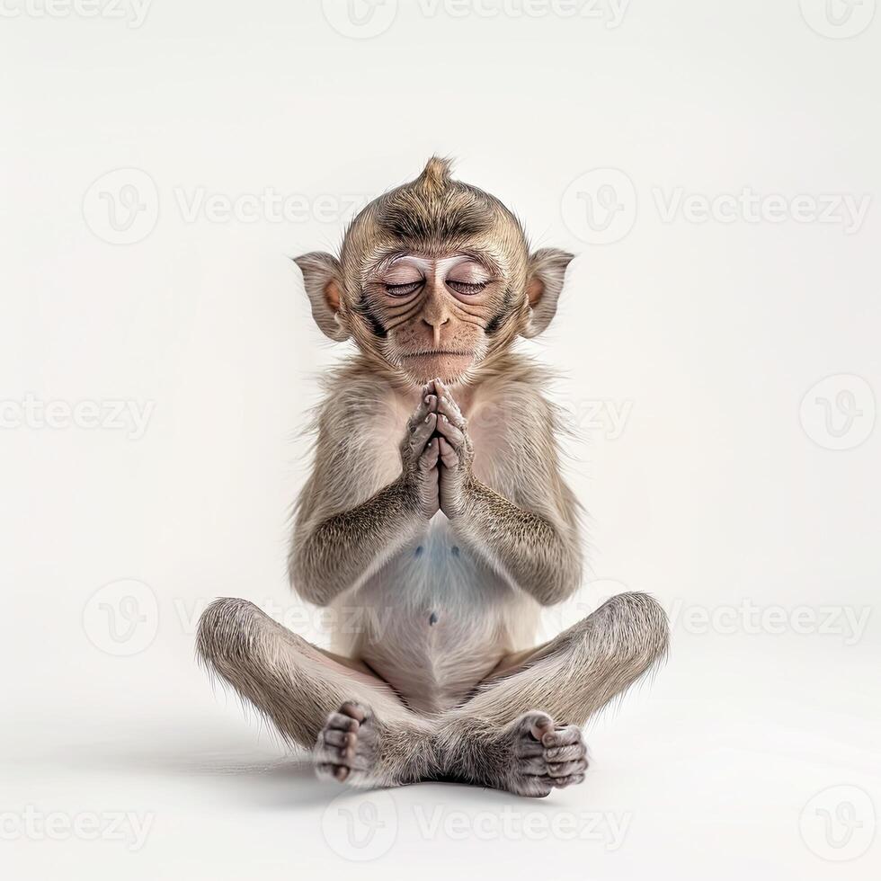 A monkey sitting in a lotus position with its eyes closed photo