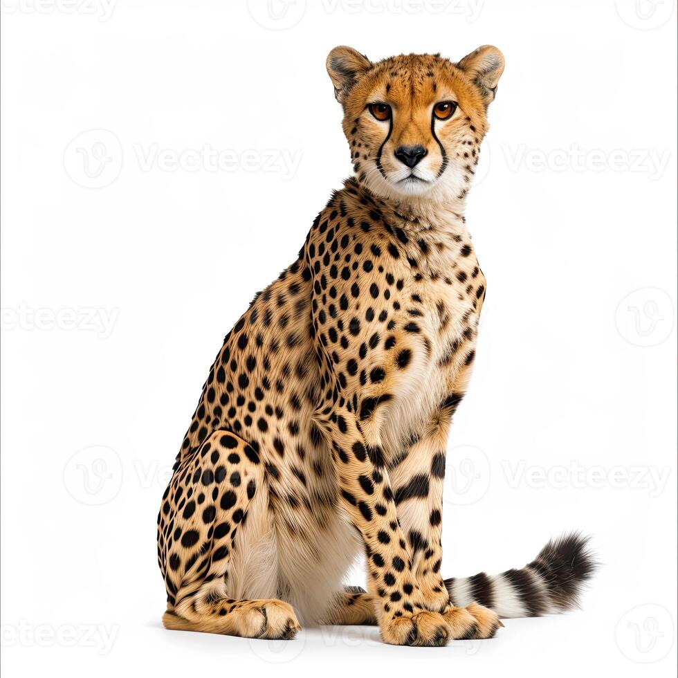 Cheetah, 8 years old, sitting in front of white background photo