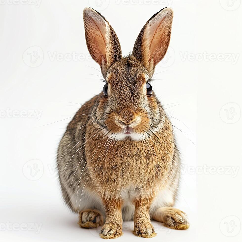 A rabbit is sitting in front of a white background photo
