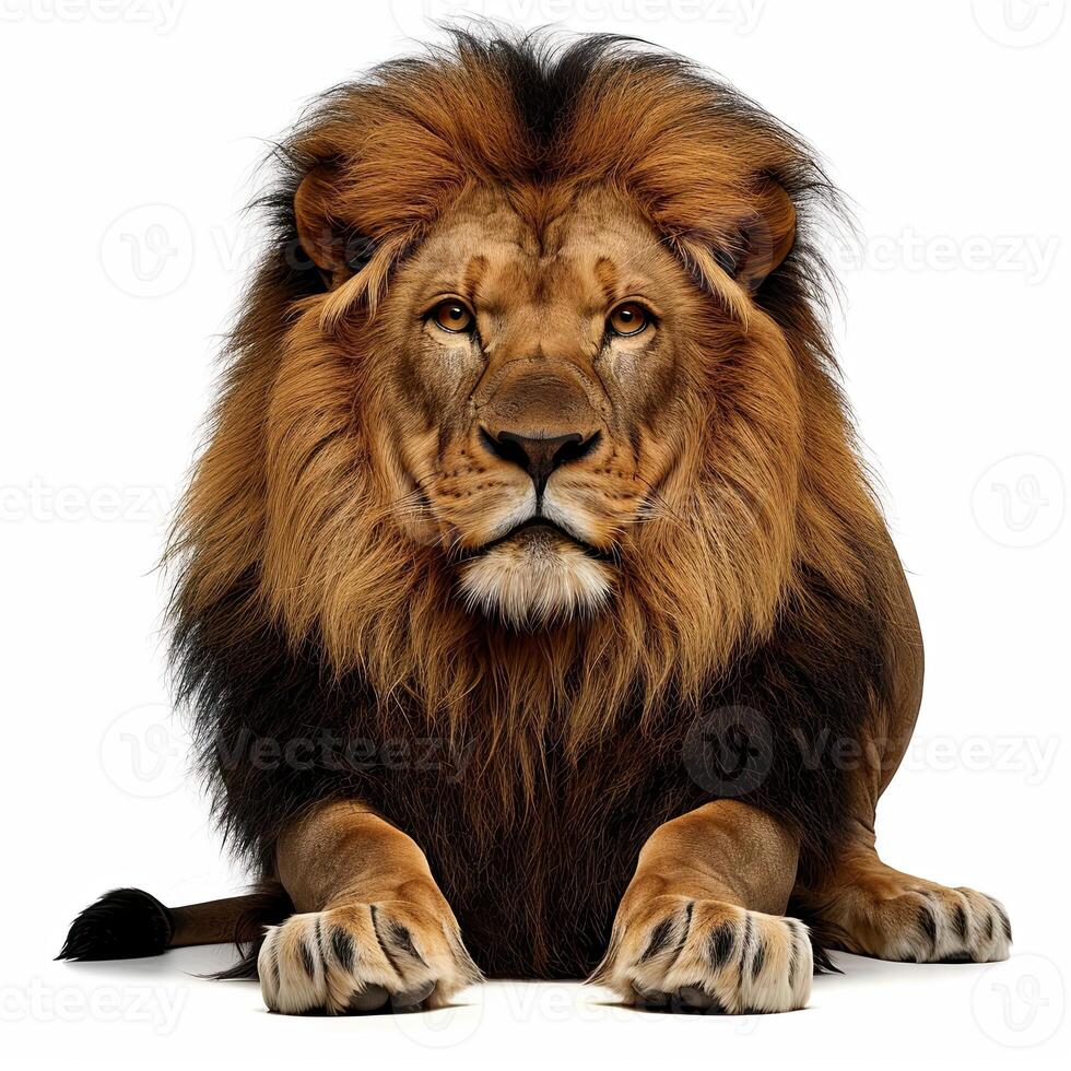 Lion sitting down, isolated on white background photo