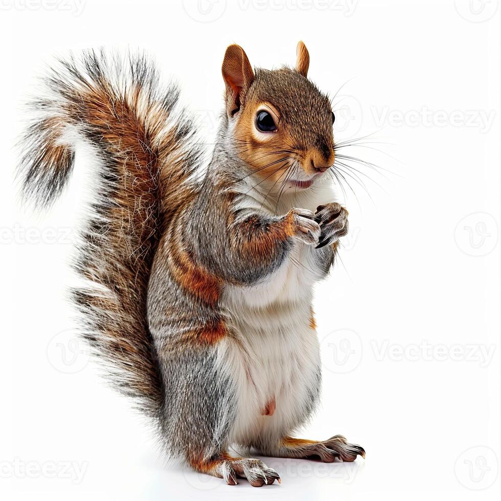 A squirrel is standing up and looking at something photo