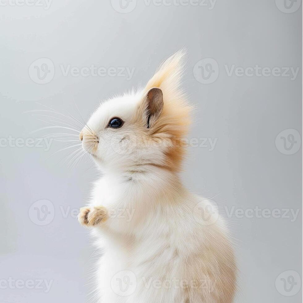 A white rabbit with long hair standing on its hind legs photo