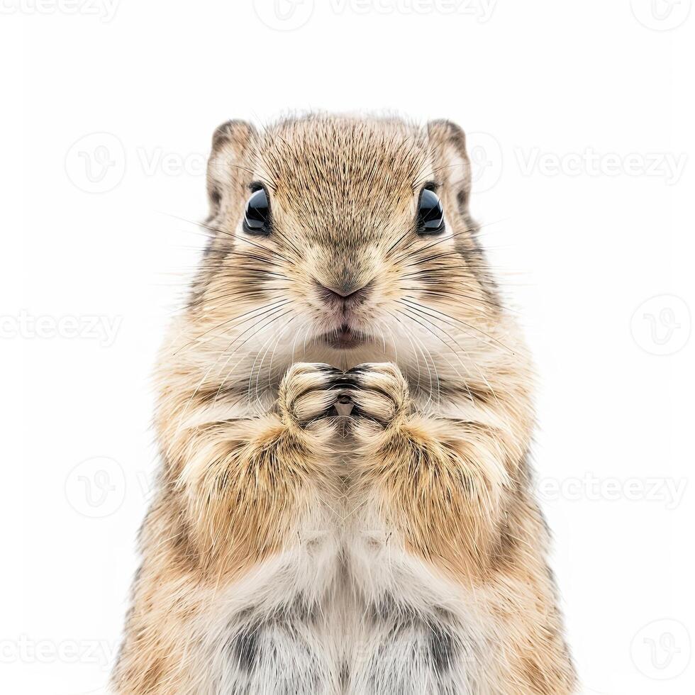 A chipmunk is sitting down and looking at the camera photo