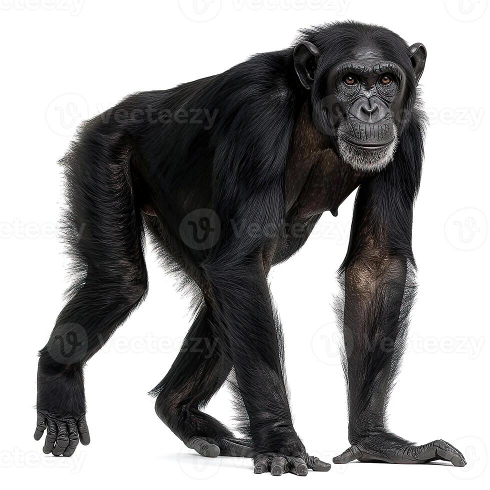 A chimpan standing in front of a white background photo