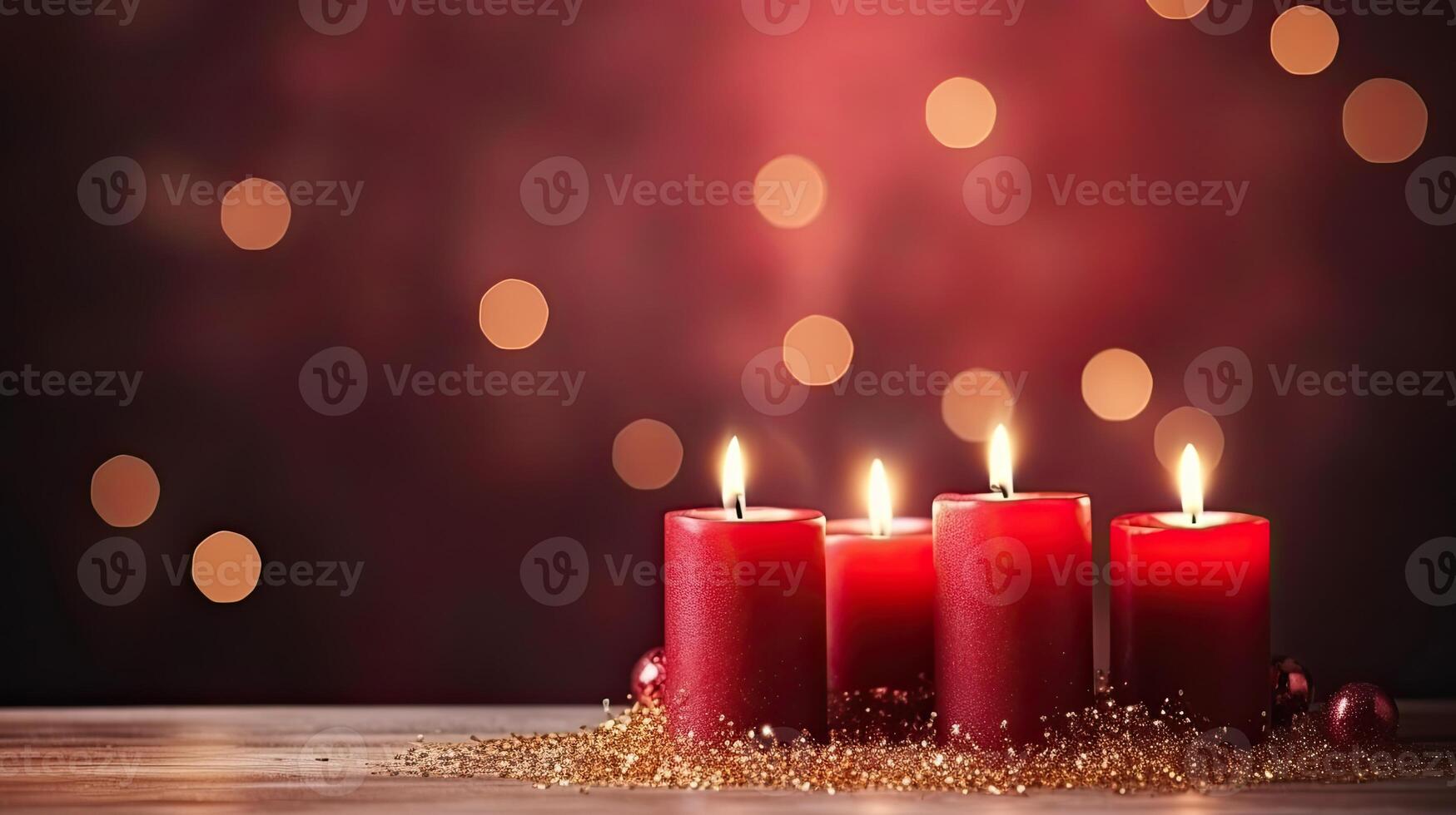 Three red candles on a wooden table with a bokeh effect photo