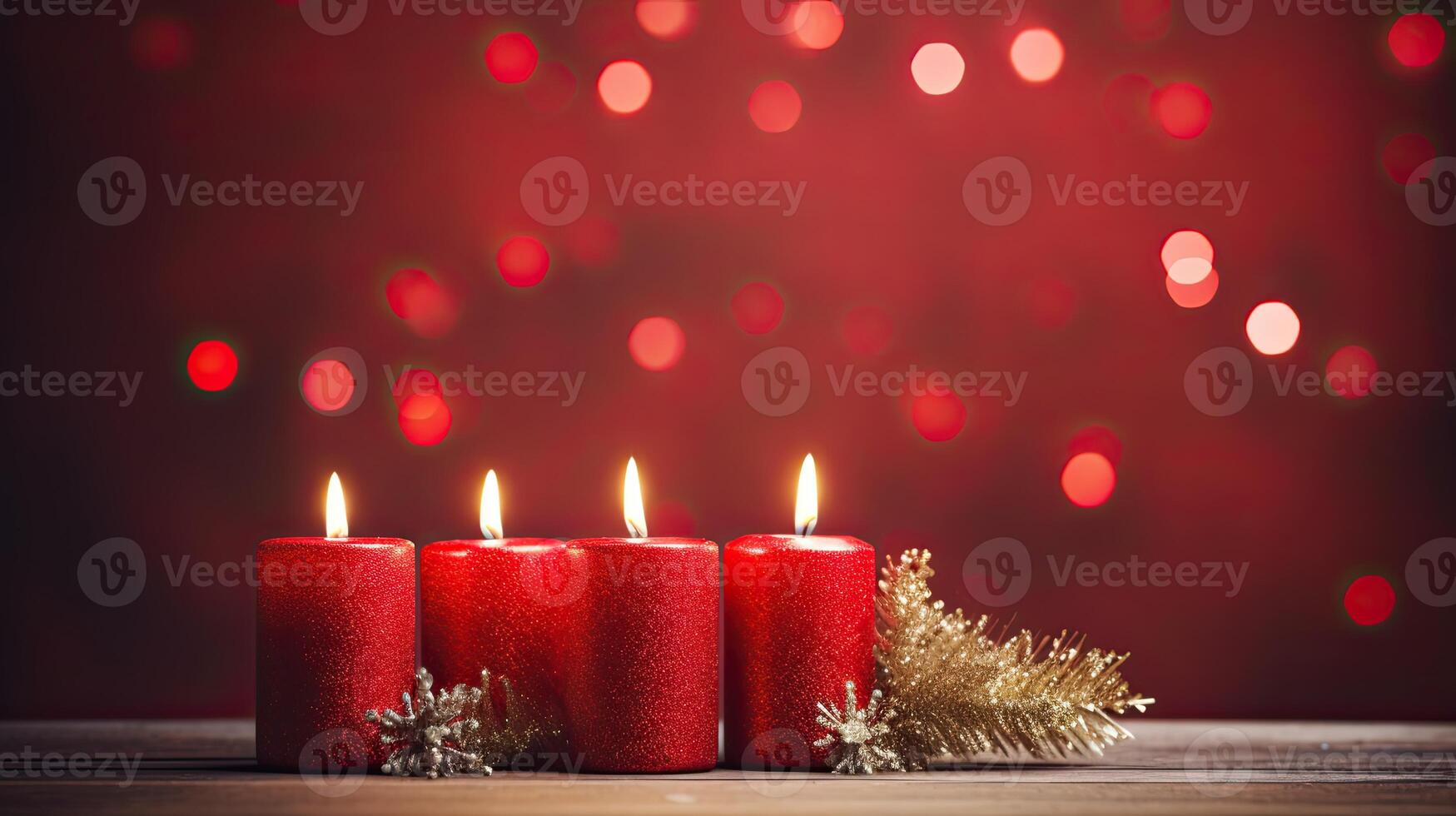 Three red candles on a wooden table with a red background photo