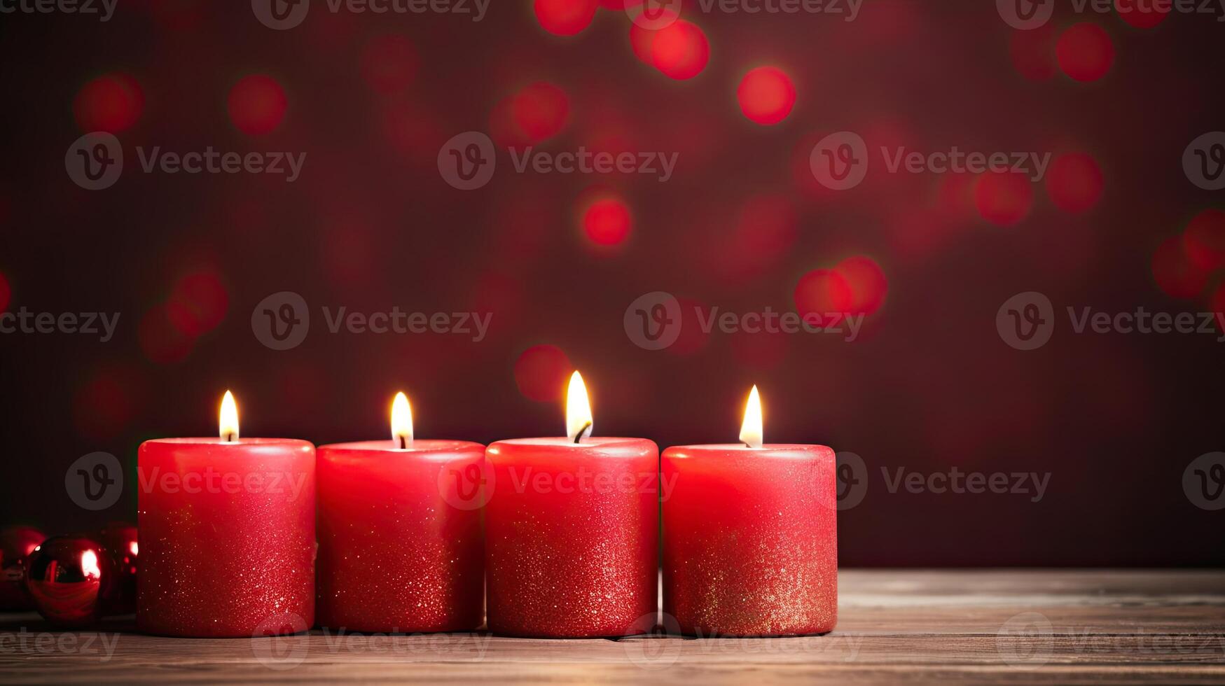 Red candles on a wooden table with red lights photo