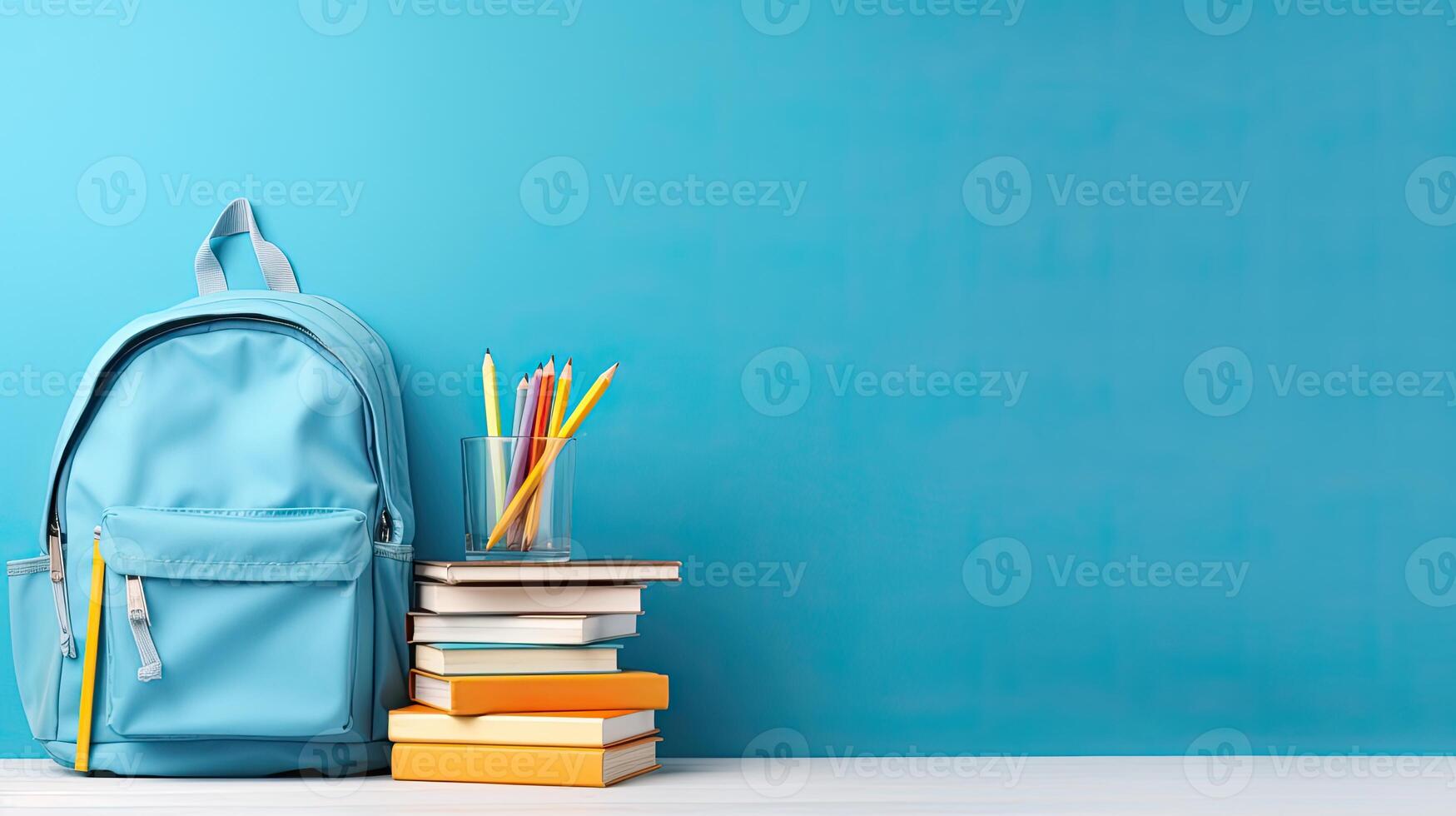 A backpack and books on a table photo
