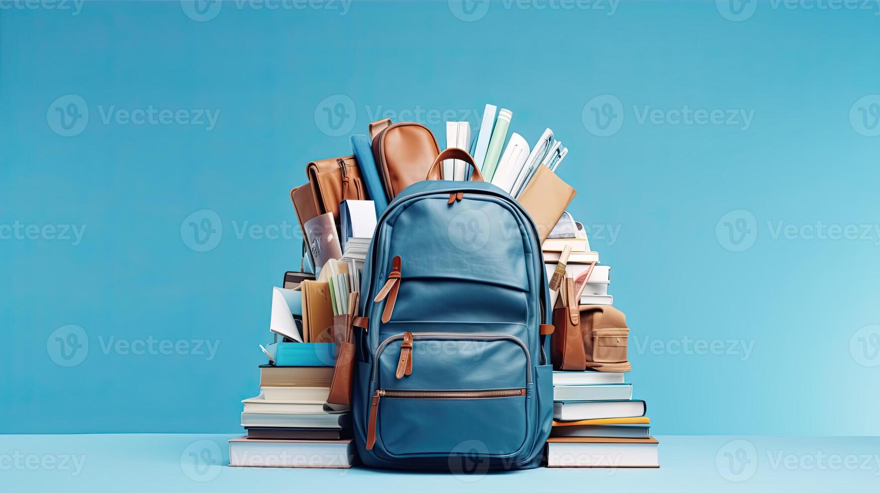 A backpack is sitting on top of a stack of books photo