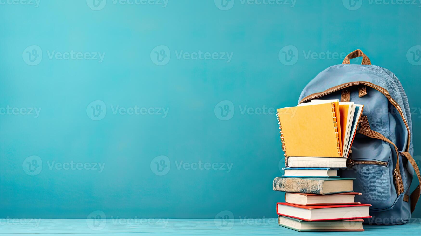 A stack of books and a backpack on a wooden table photo