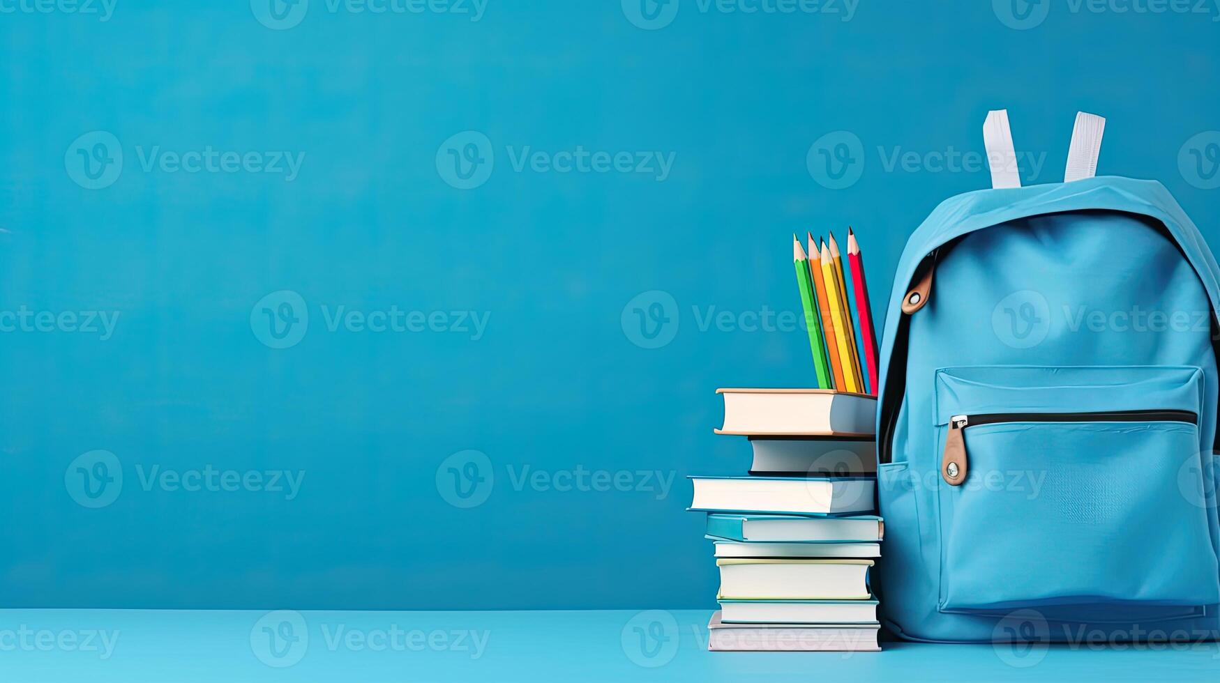 A blue backpack with books and pencils photo